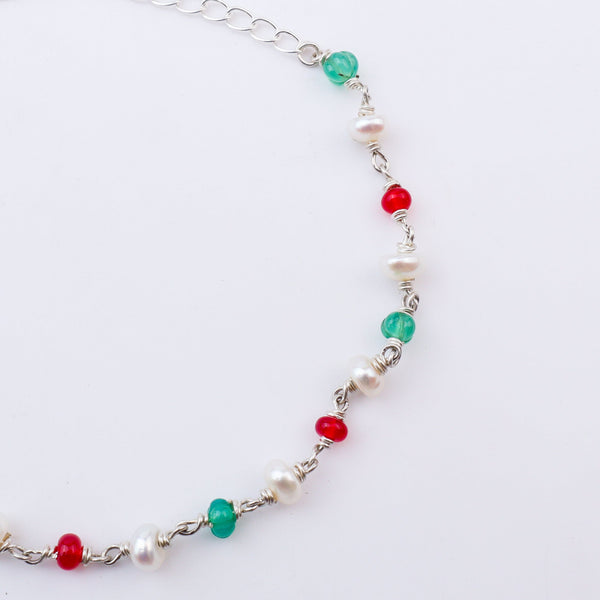 Silver Ganthan Bracelet with rubies, green onyx, and freshwater pearls