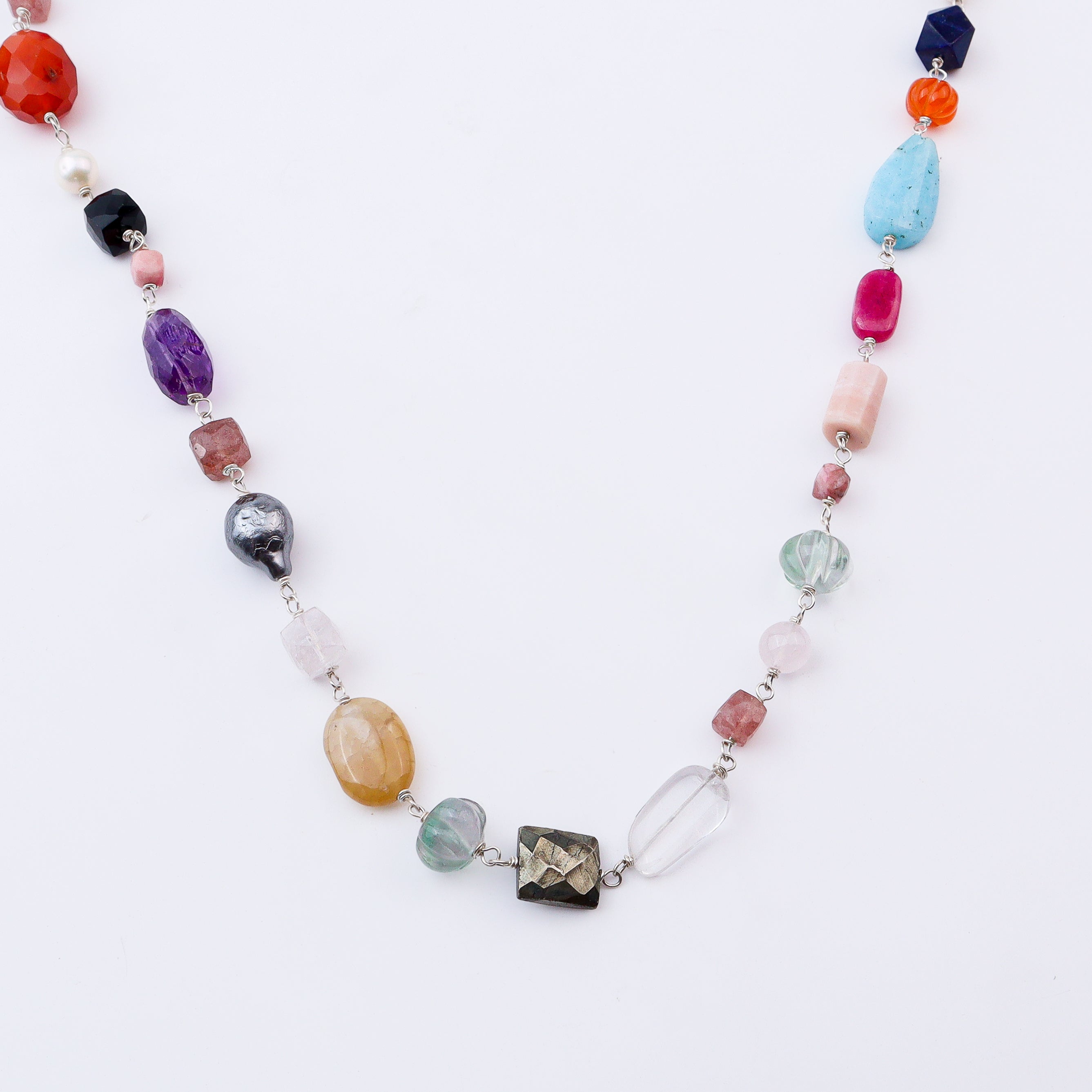 Silver Multicolour Stone Ganthan Necklace