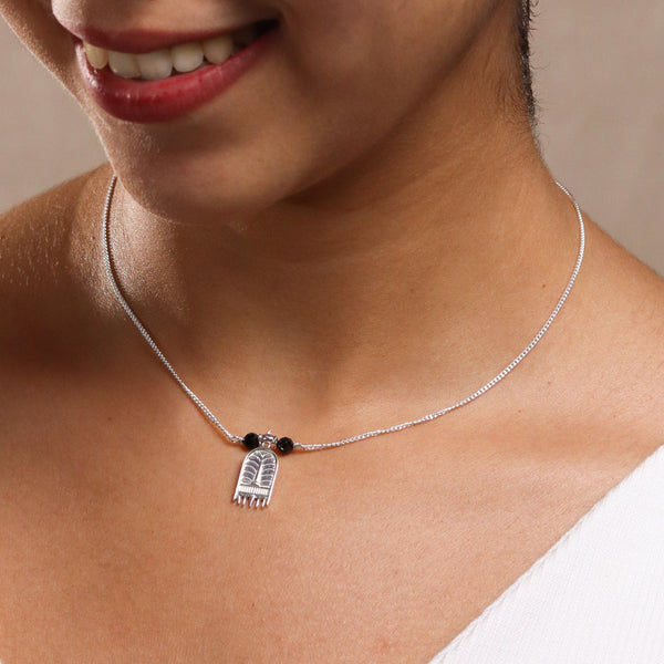 Silver chain mangalsutra with black beads and pendant