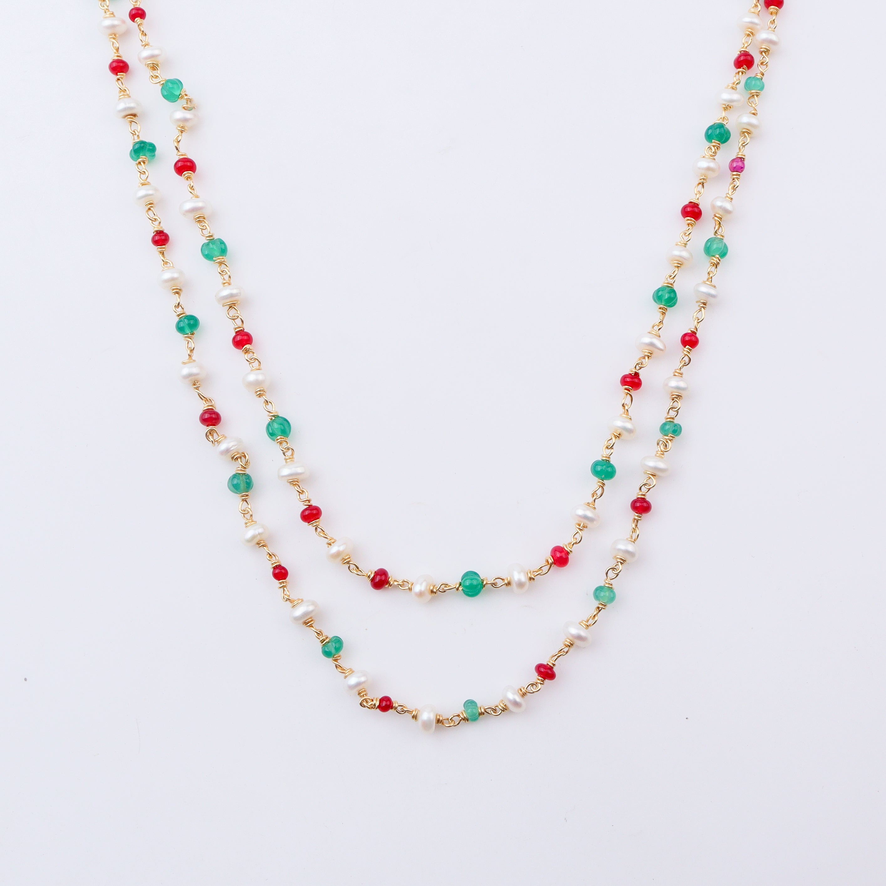 Double Layered Ganthan Necklace with Rubies, Green Onyx and Freshwater Pearls | 22K Gold-Plated