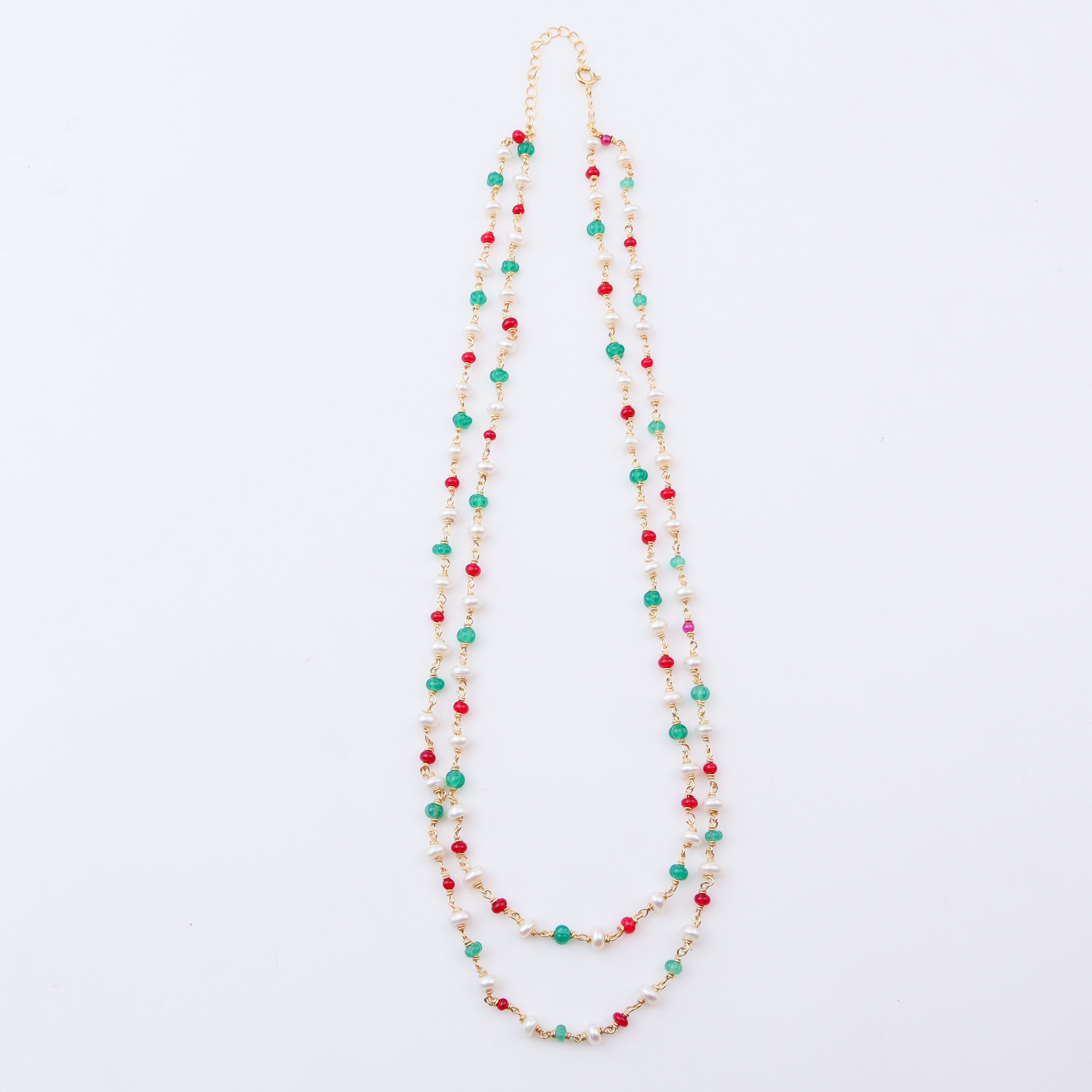 Double Layered Ganthan Necklace with Rubies, Green Onyx and Freshwater Pearls | 22K Gold-Plated
