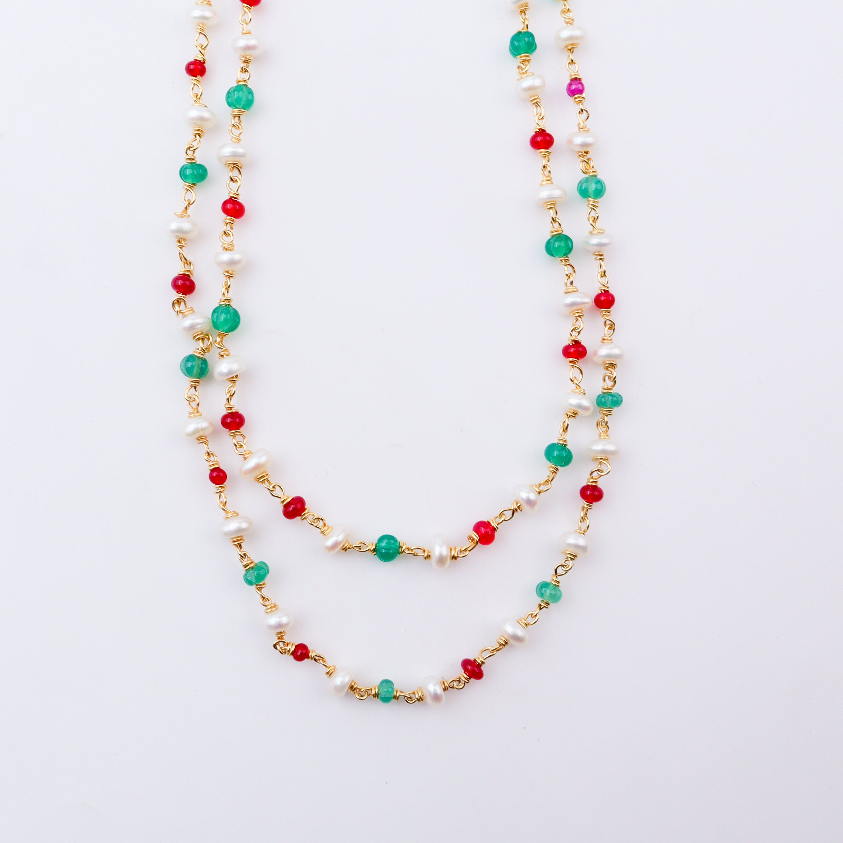 Double Layered Ganthan Necklace with Rubies, Green Onyx and Freshwater Pearls | 22K Gold-Plated
