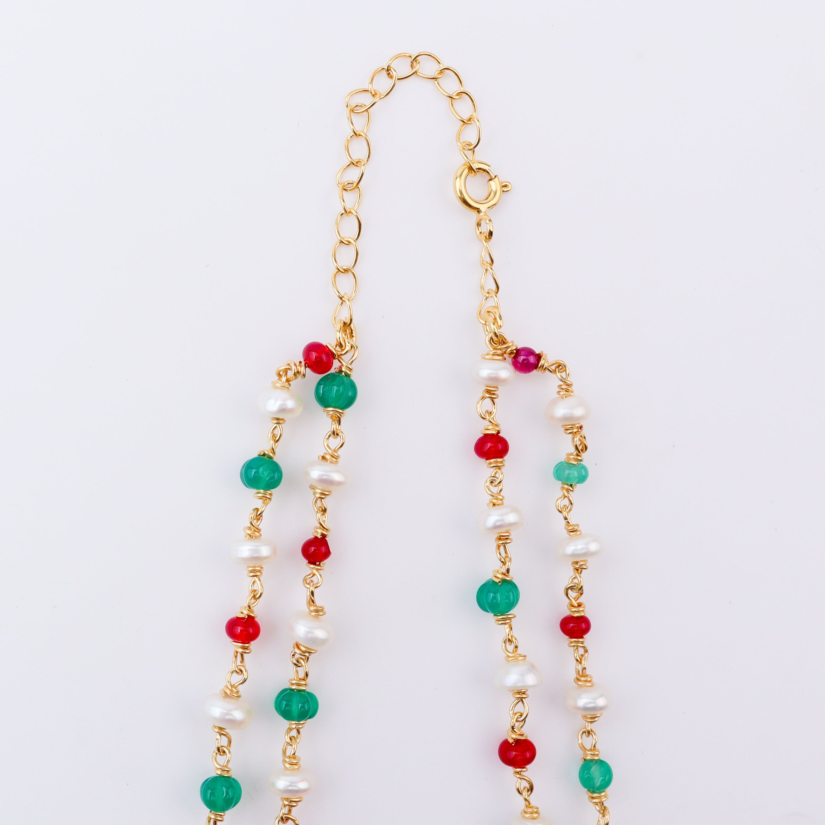 Double Layered Ganthan Necklace with Rubies, Green Onyx and Freshwater Pearls | 22K Gold-Plated