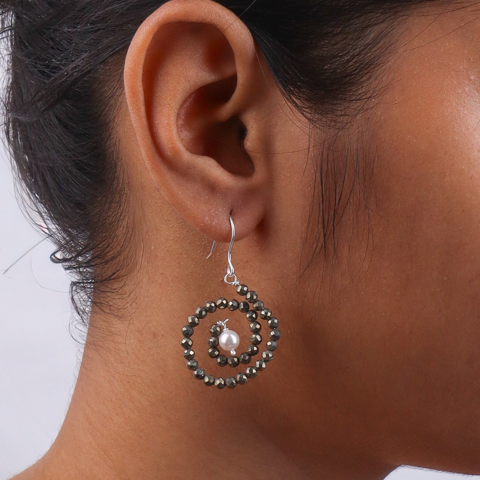 Pyrite & Pearl Silver Earrings (Project Handmade)