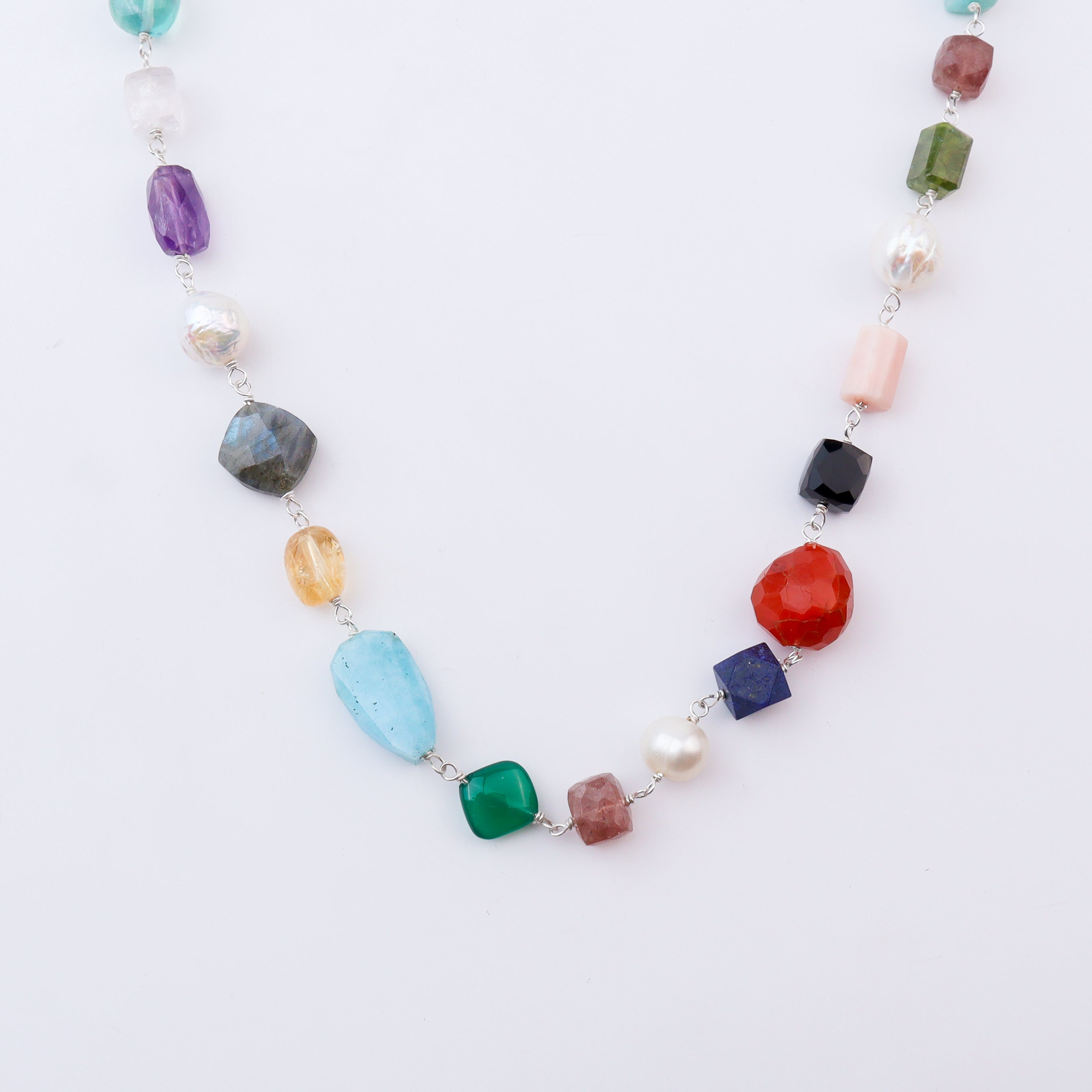 Colorful gemstone necklace with silver chain