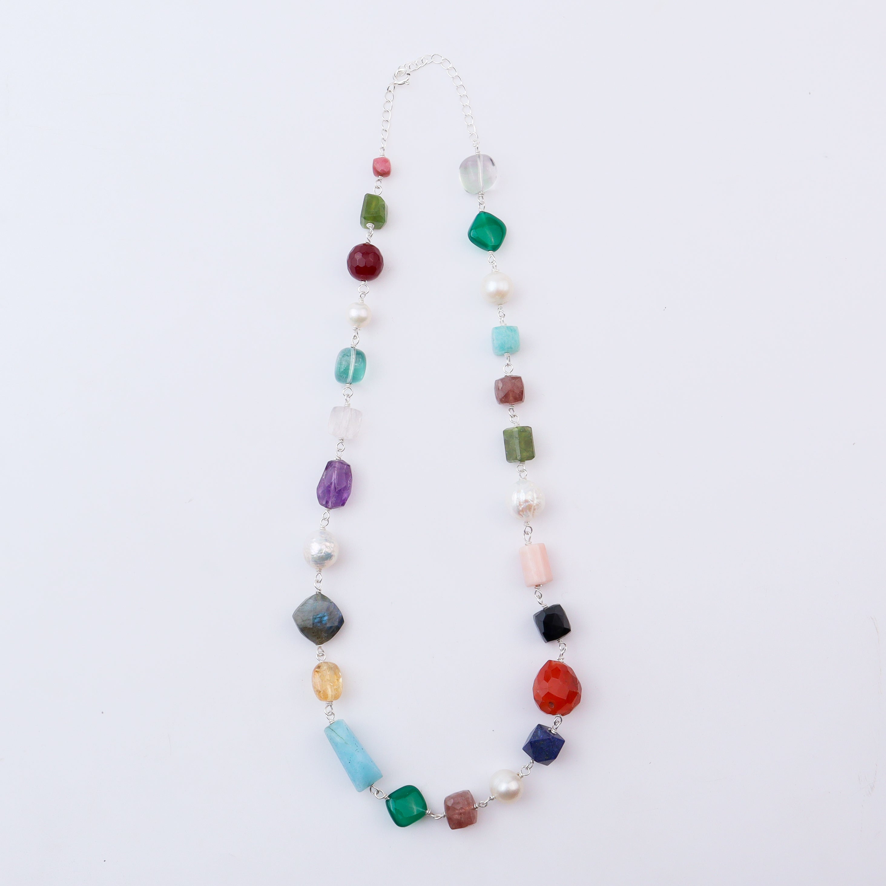 Multicolored gemstone necklace with silver links