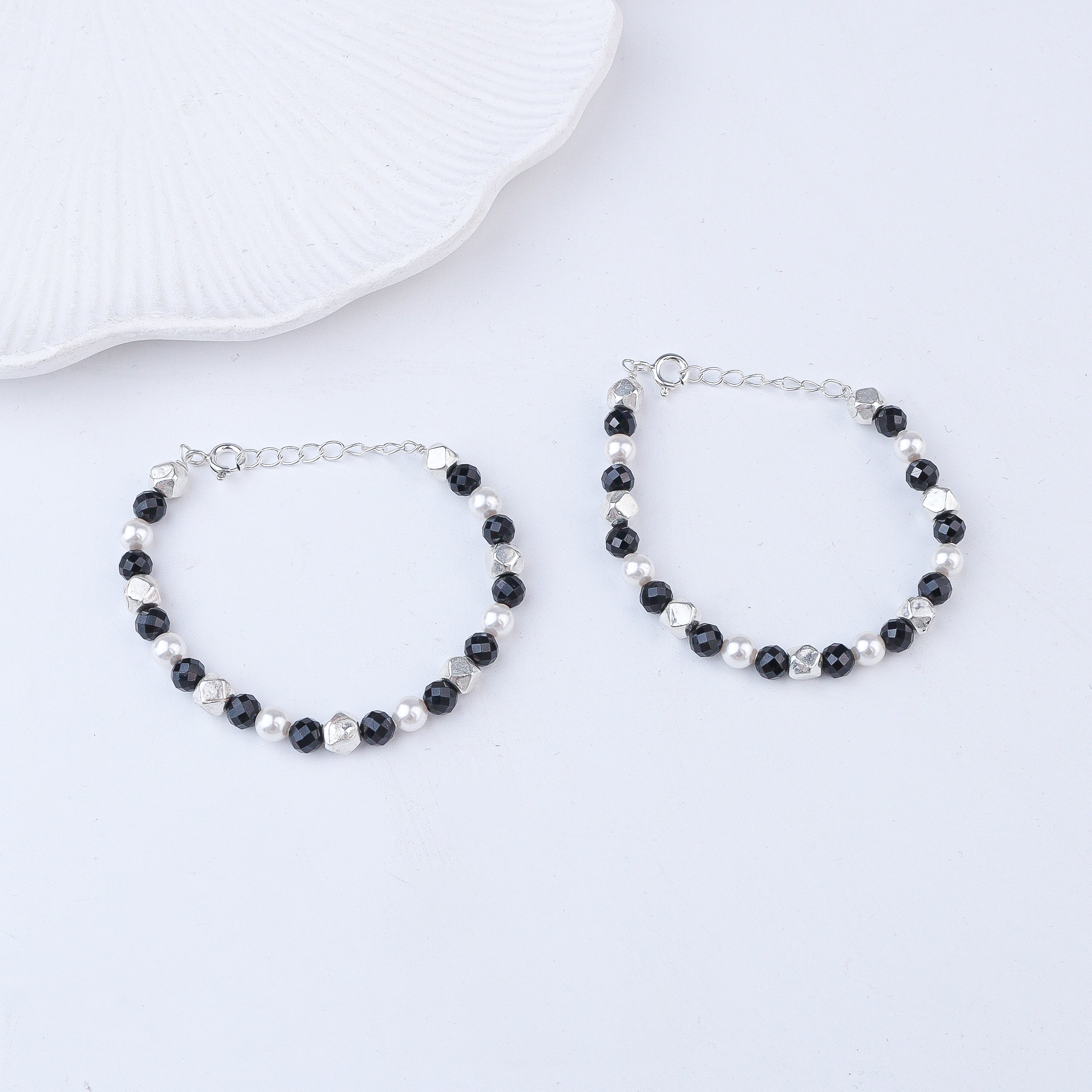Ashtapailu Silver Baby Bracelet with Black Spinel & Pearls