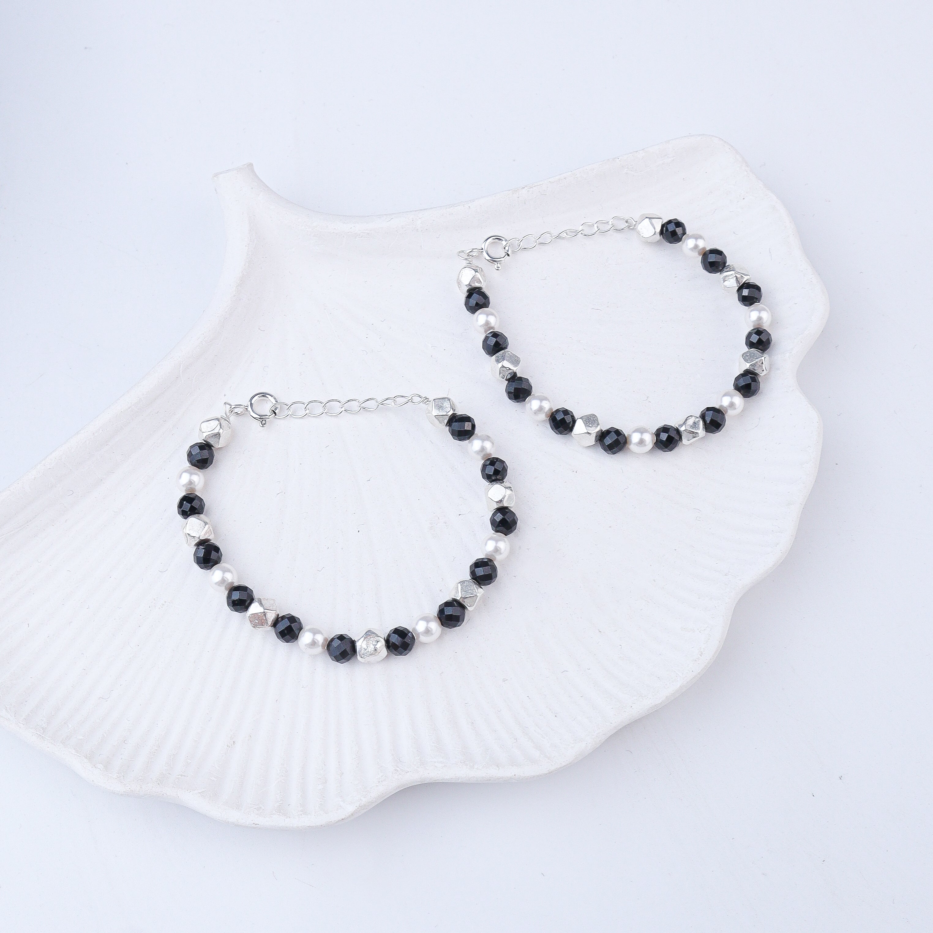 Ashtapailu Silver Baby Bracelet with Black Spinel & Pearls