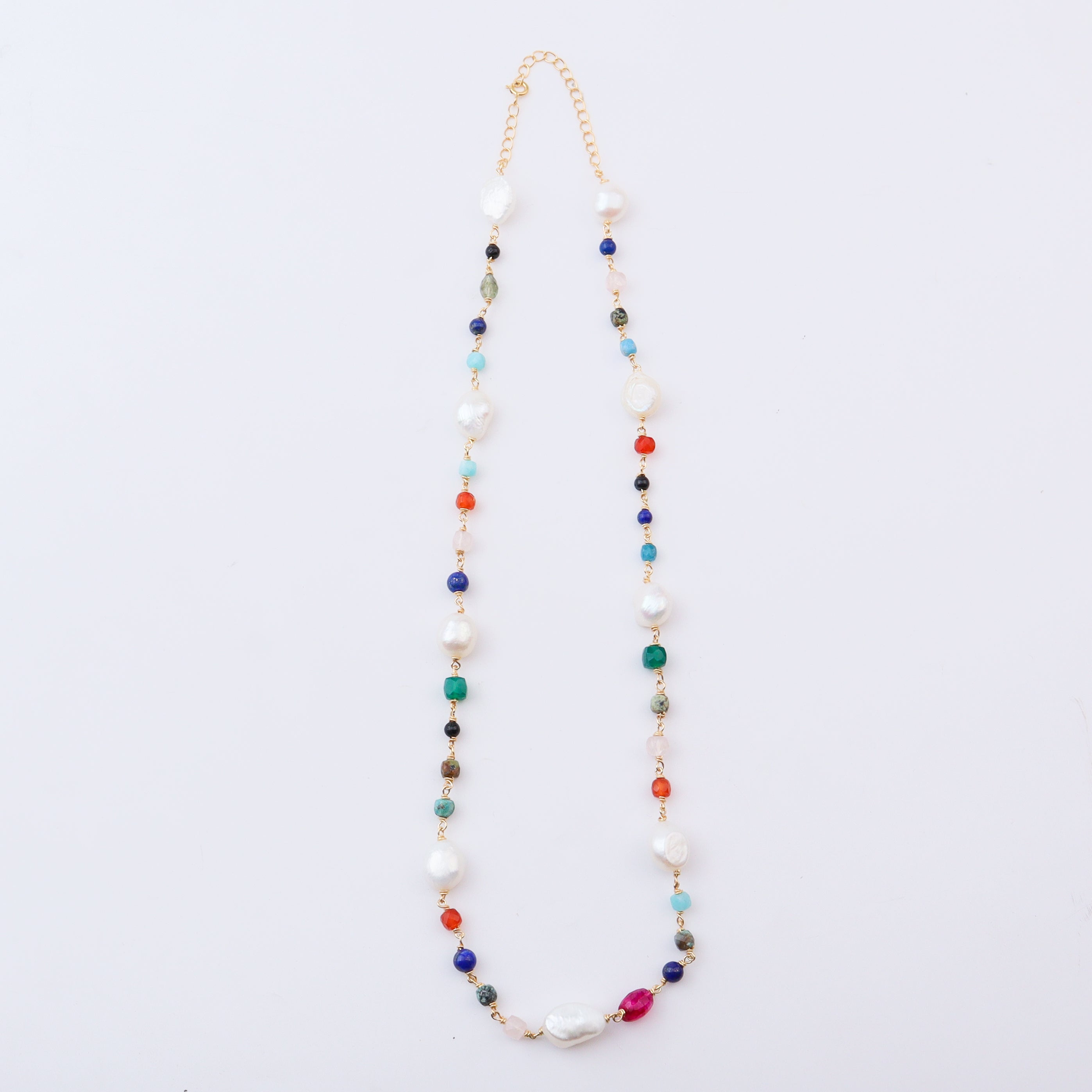 Matching multicolour stone ganthan necklace with pearls and gold chain