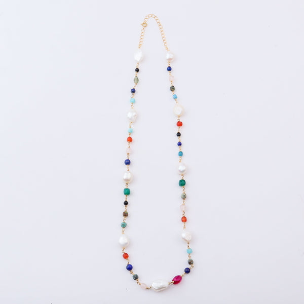 Matching multicolour stone ganthan necklace with pearls and gold chain