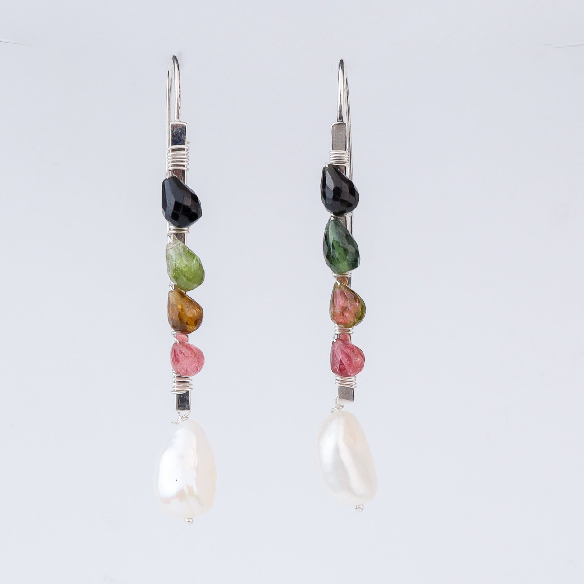 Silver multicolour stone earrings with pearl drop