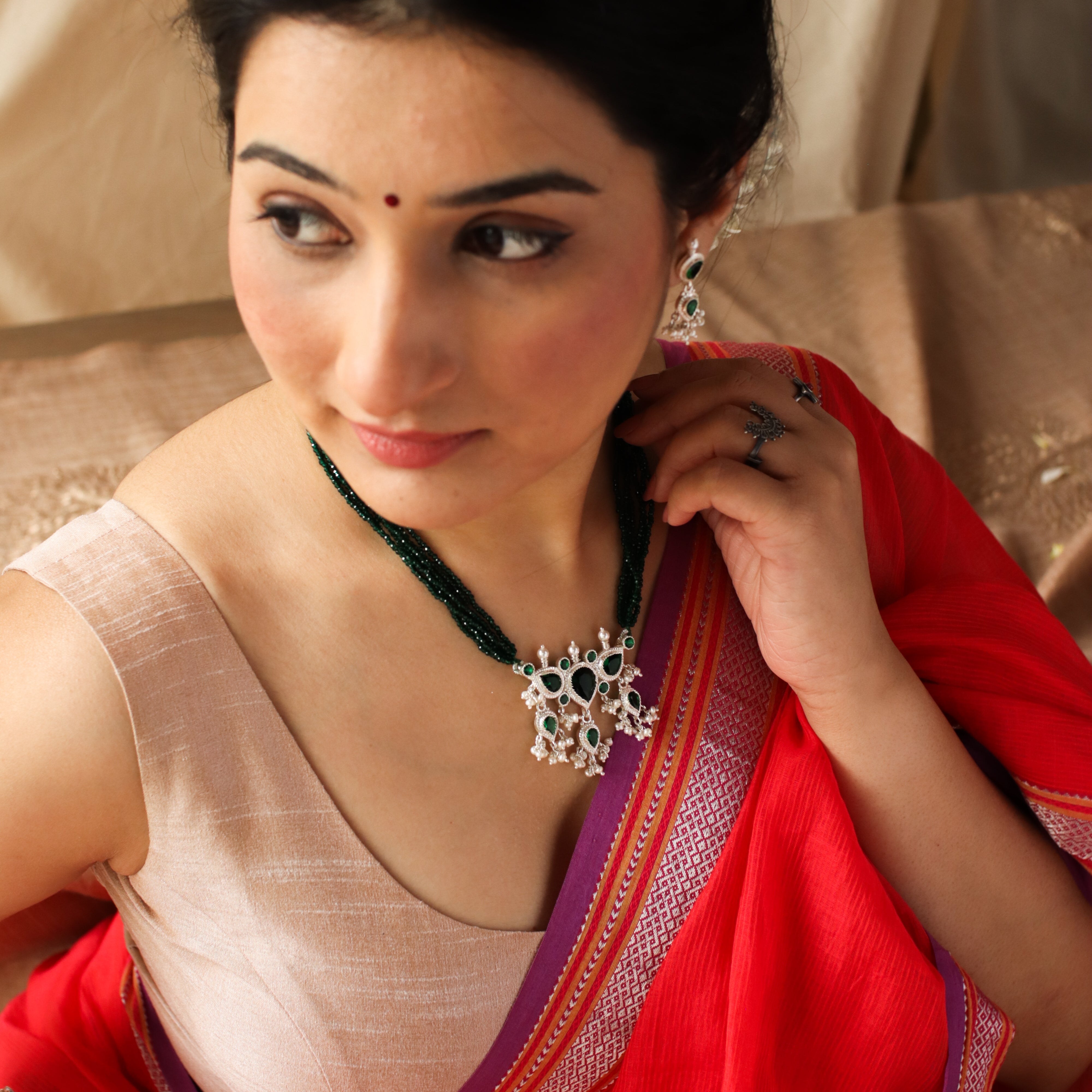 Green CZ Tanmani Set with Green Stones