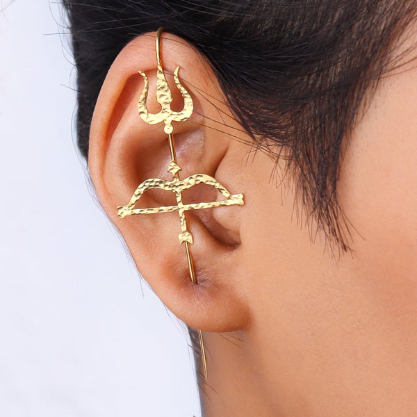 Woman wearing gold Trishul Earcuff jewelry