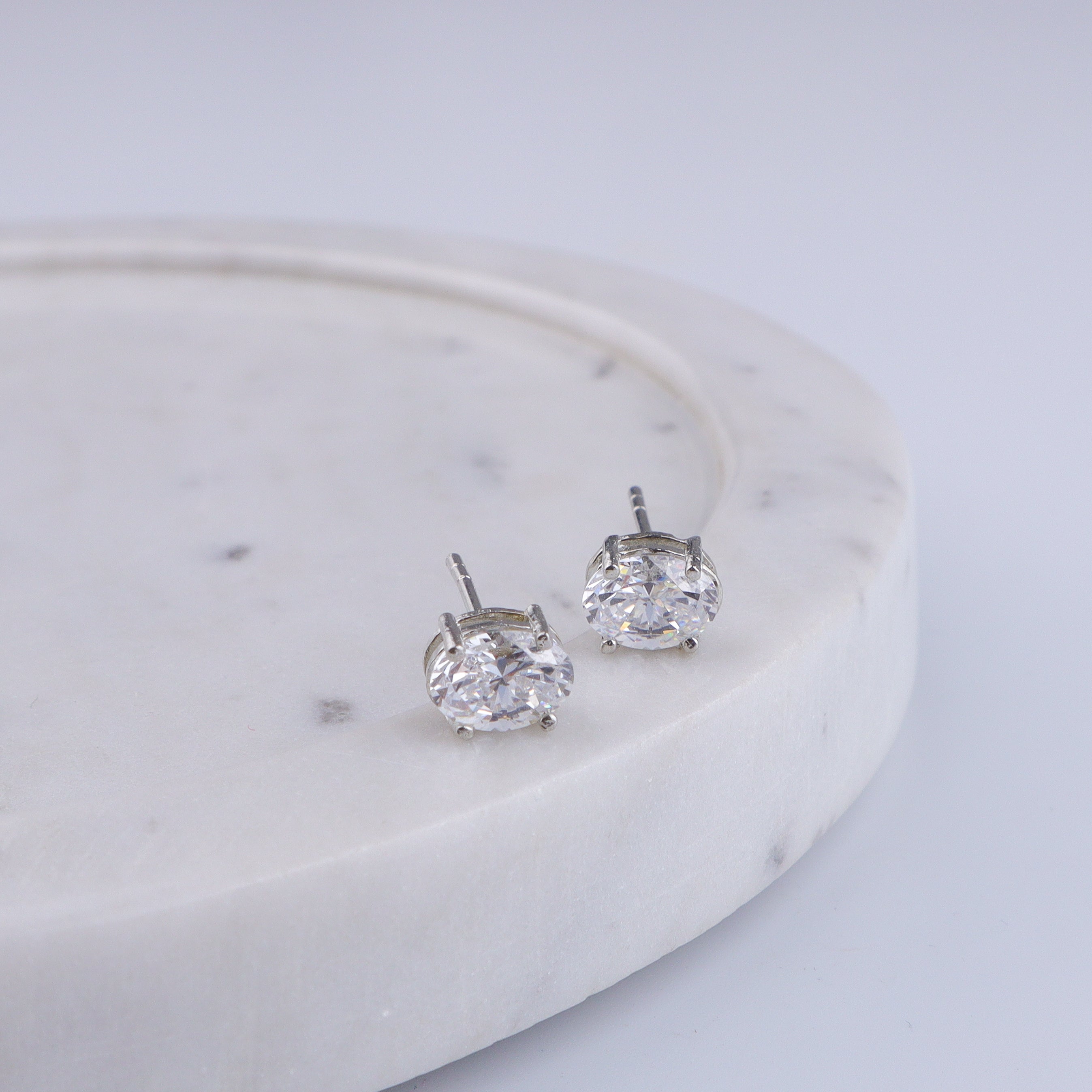 Silver CZ Oval Stud Earrings