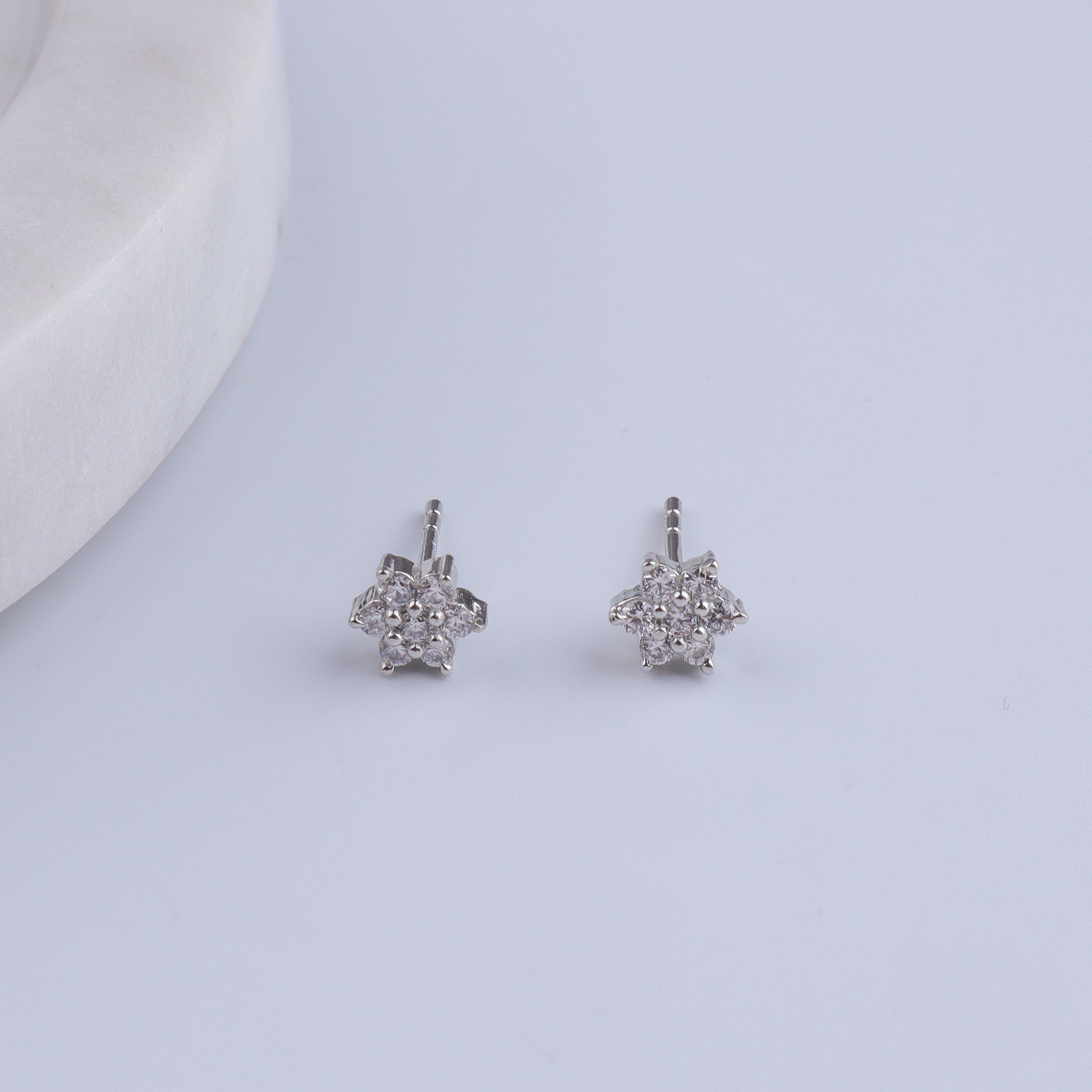 Silver CZ Flower Stud Earrings