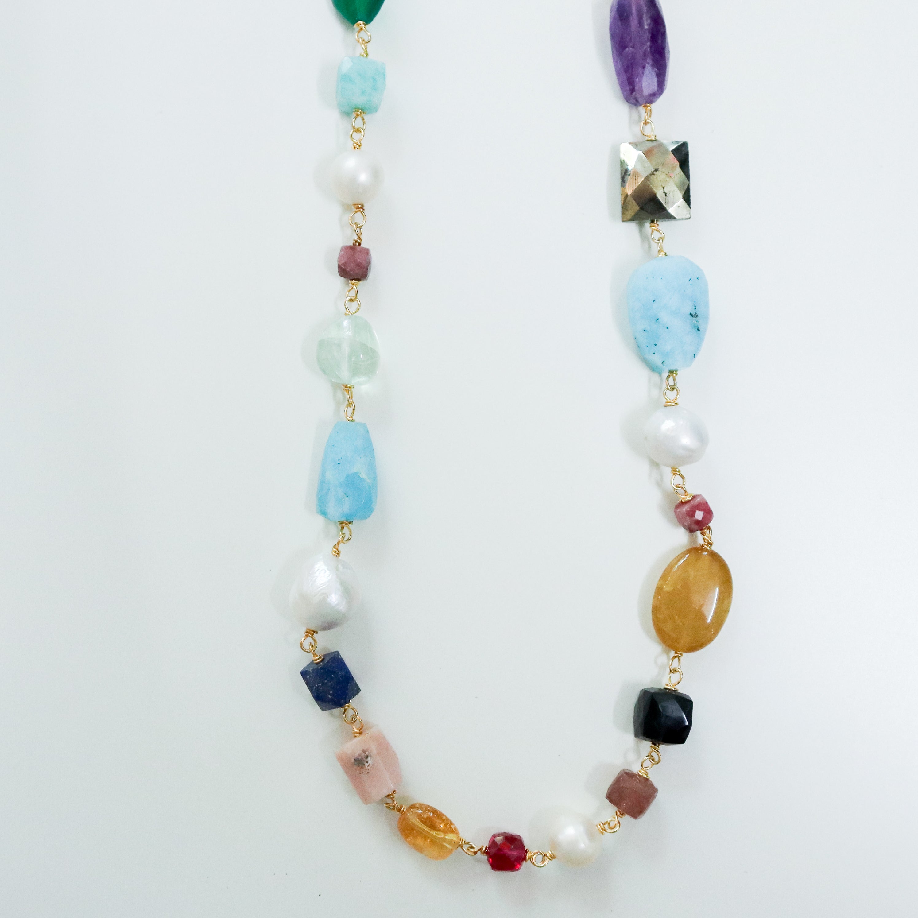 Close-up of gemstone necklace on model