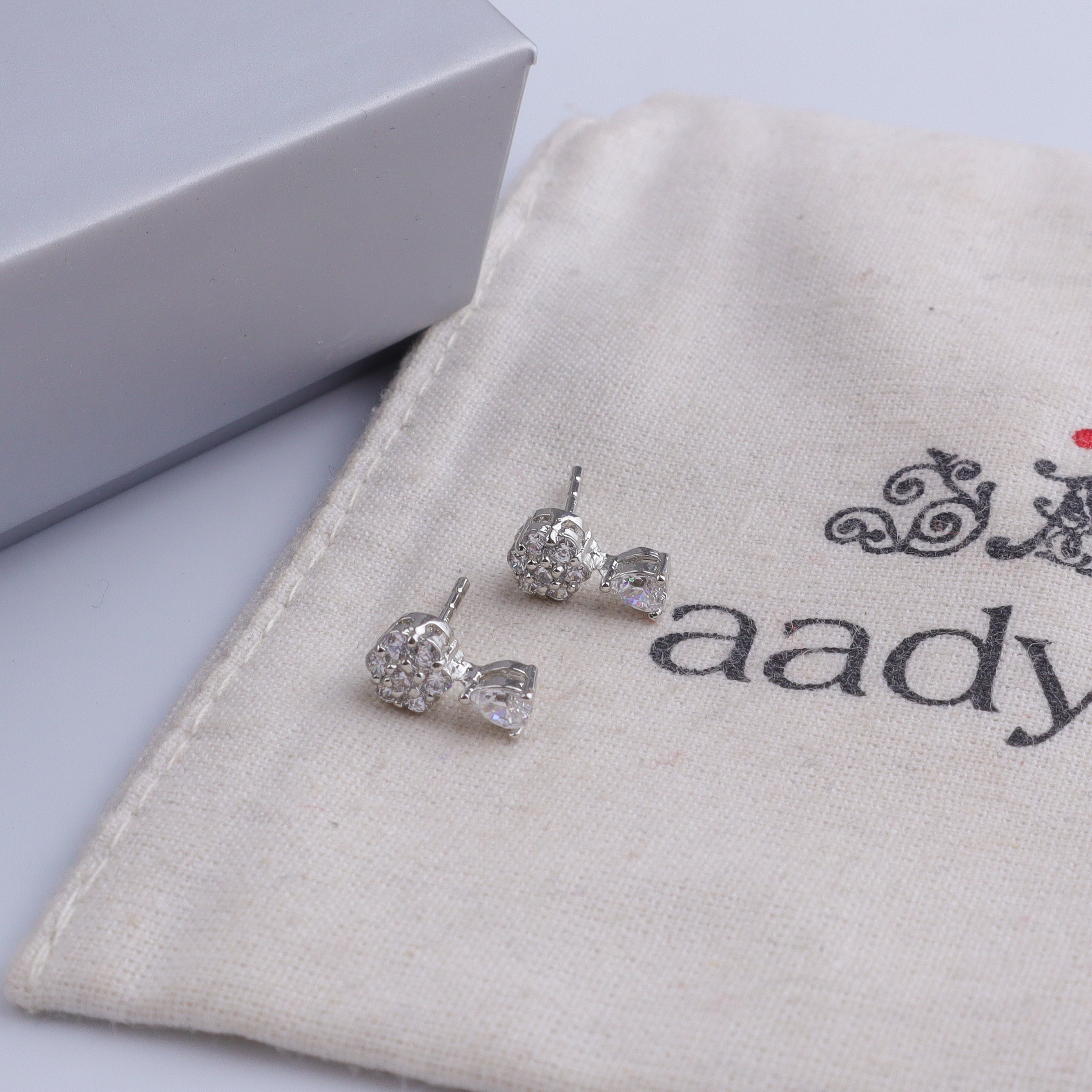 Silver CZ Flower Drop Stud Earrings