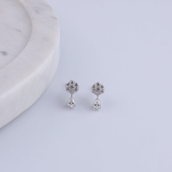 Silver CZ Flower Drop Stud Earrings