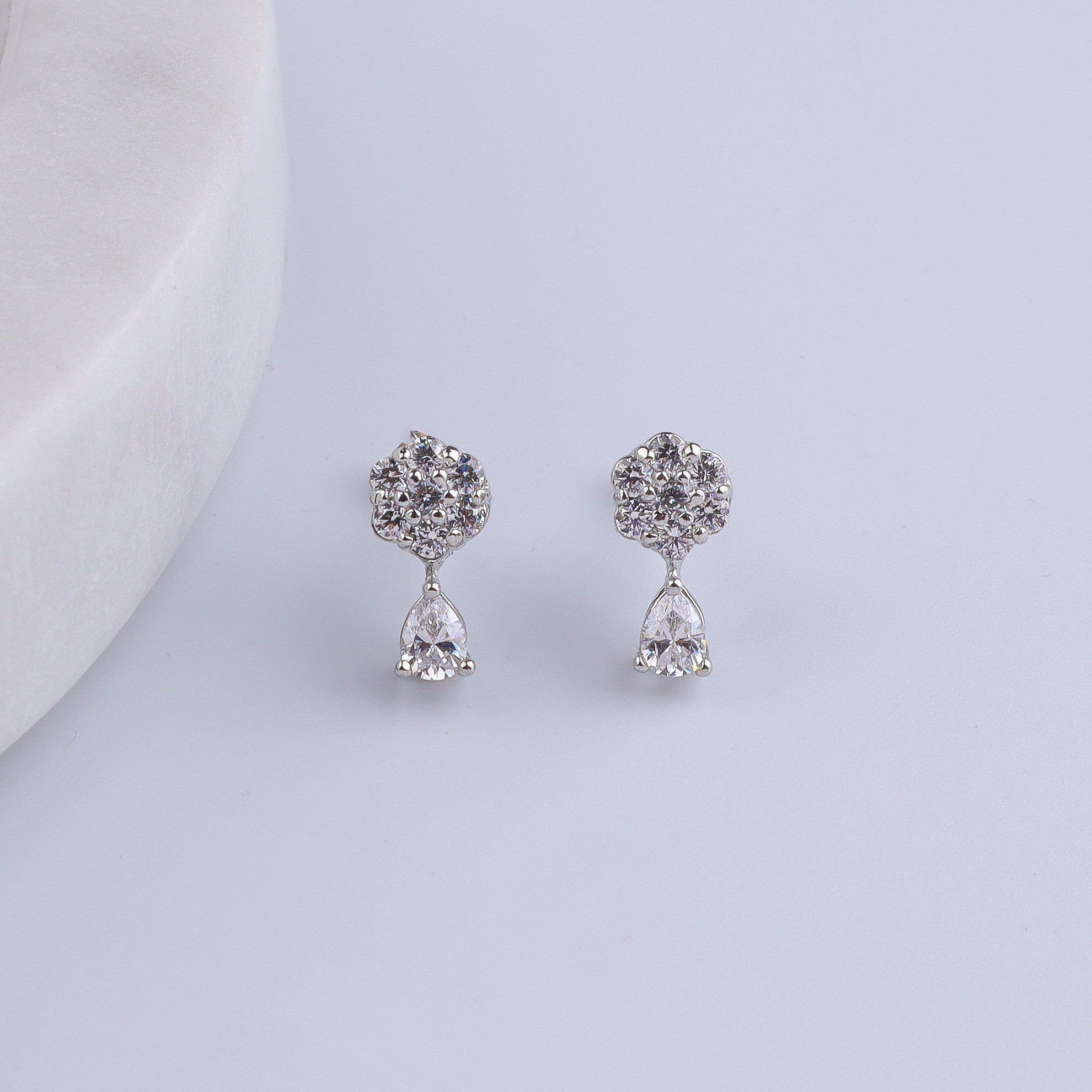 Silver CZ Flower Drop Stud Earrings