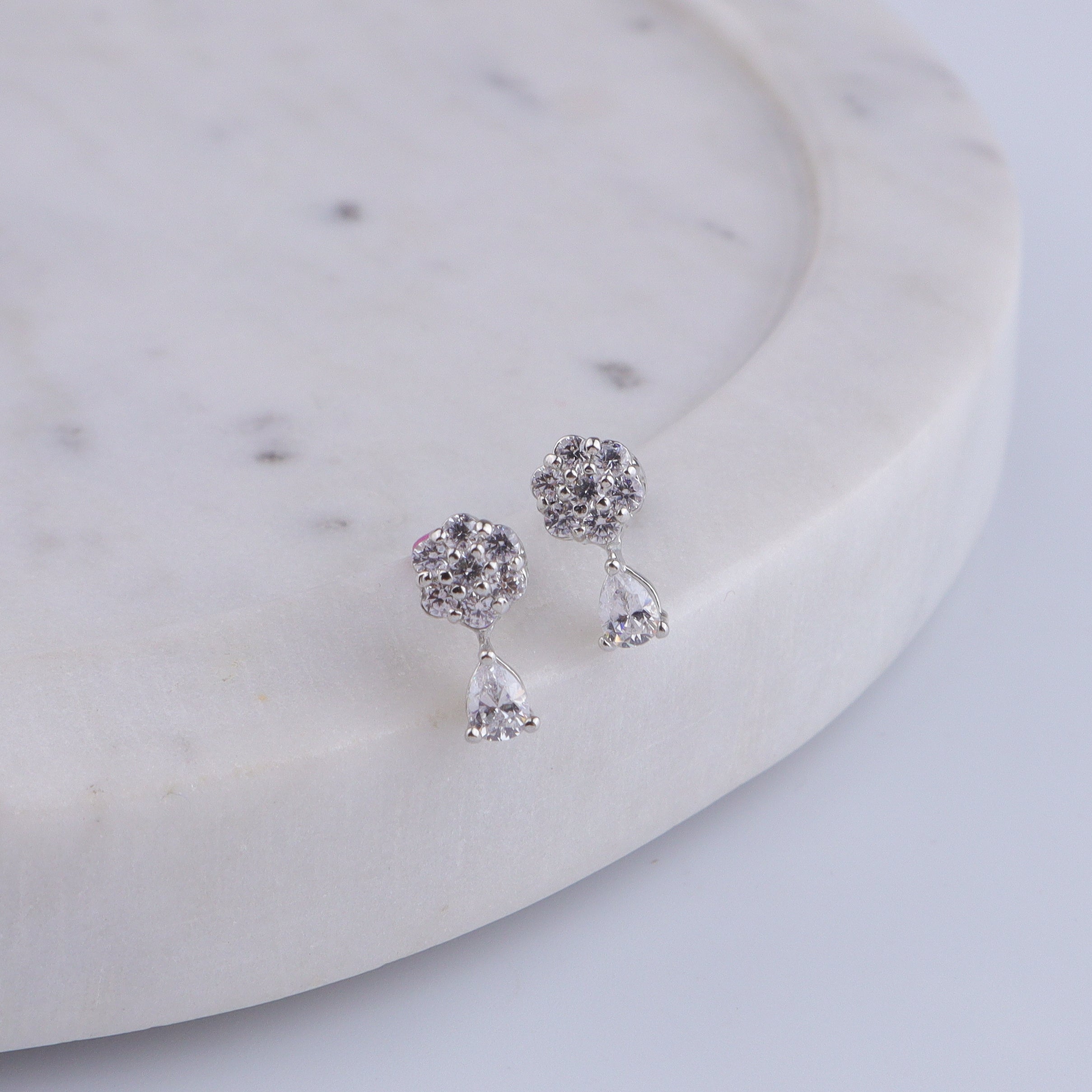 Silver CZ Flower Drop Stud Earrings