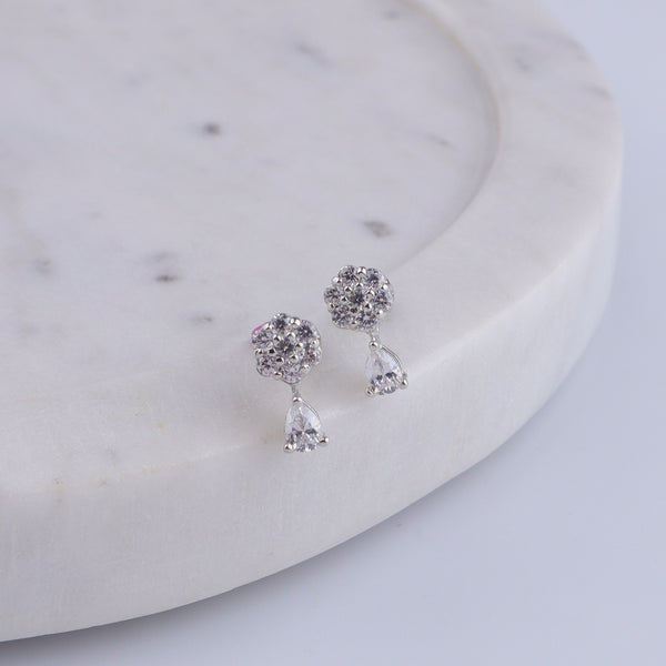 Silver CZ Flower Drop Stud Earrings