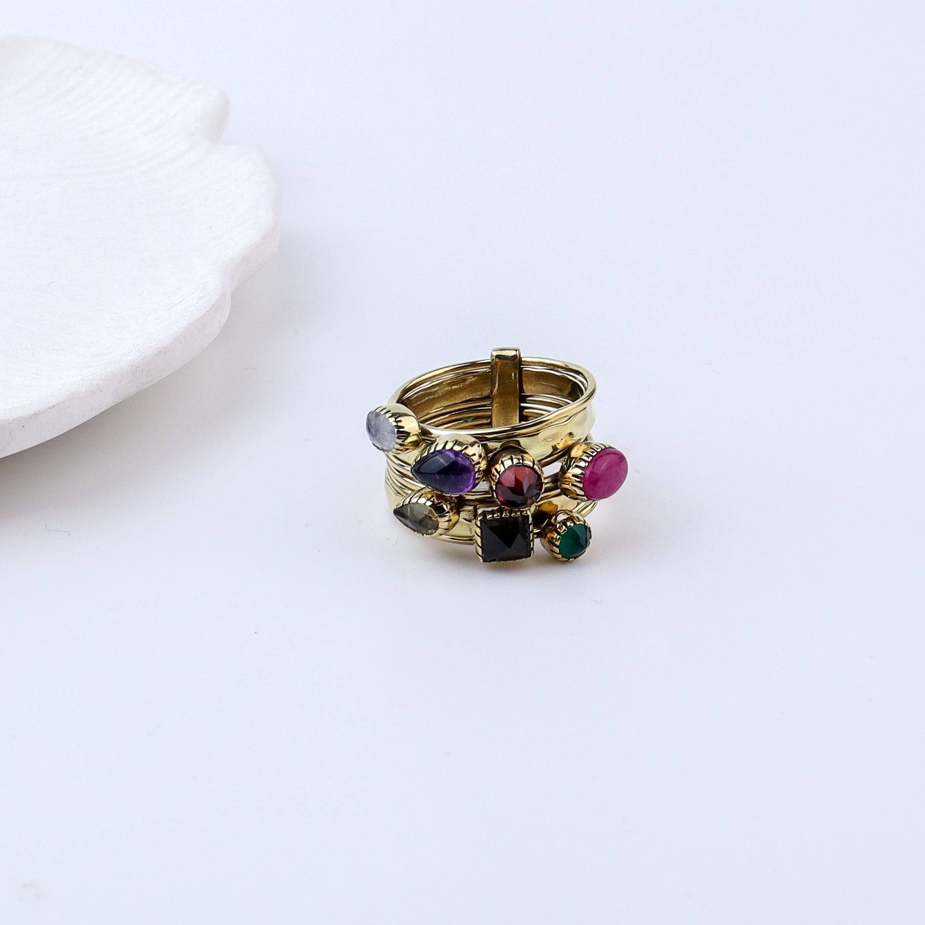 Detailed view of Brass Fashion Ring highlighting intricate motifs, textured surface, and refined brass finish