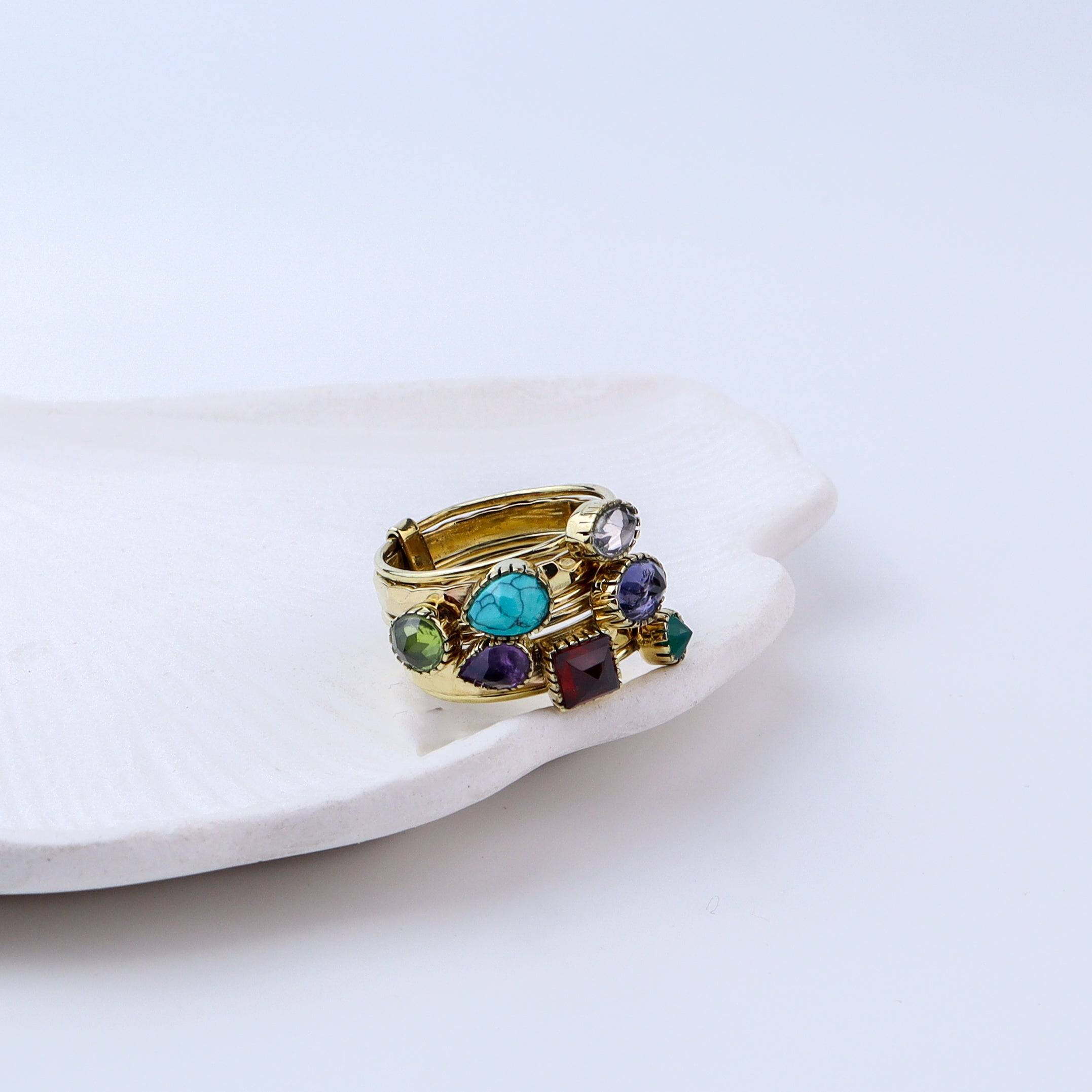Close-up of a brass fashion ring showcasing intricate detailing, unique design, and fine craftsmanship