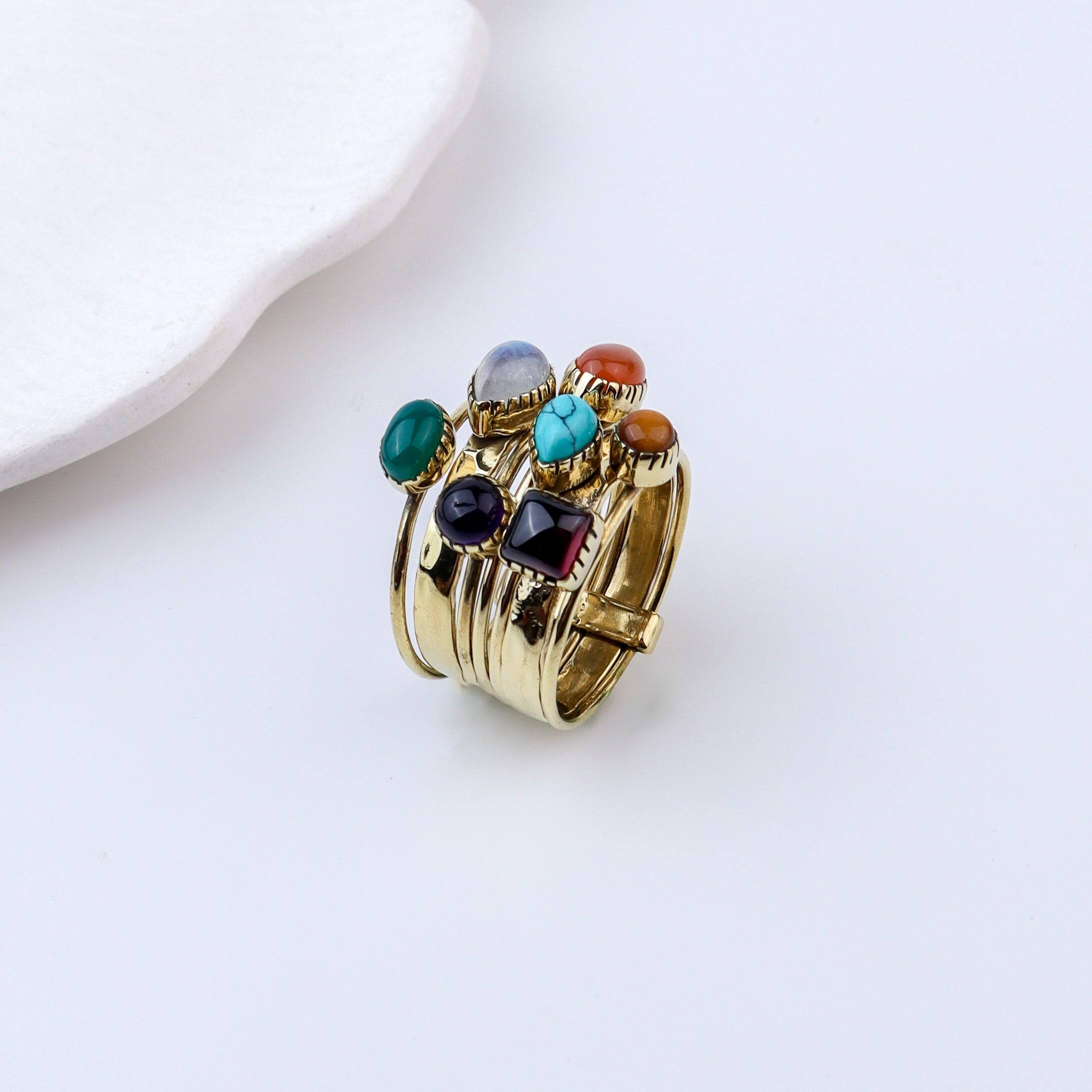 Detailed view of Brass Fashion Ring highlighting intricate motifs, textured surface, and refined brass finish