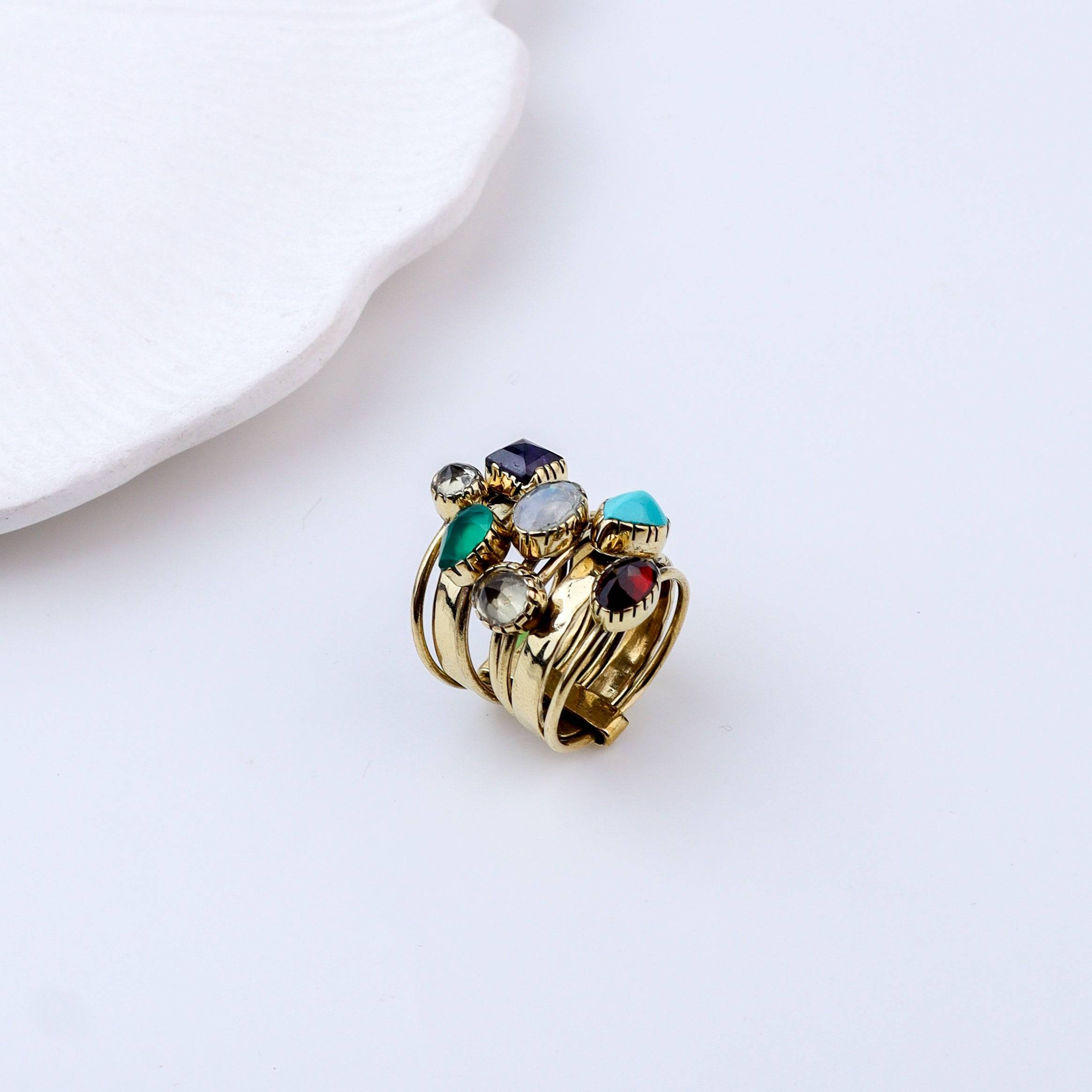 Angled view of Brass Fashion Ring highlighting its distinctive shape and polished brass finish