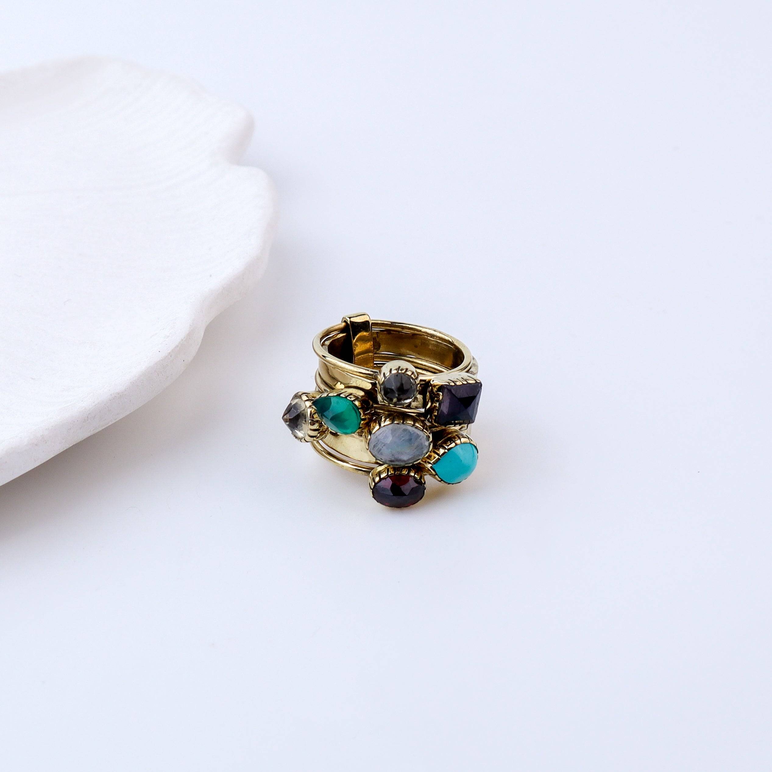 Detailed view of Brass Fashion Ring highlighting intricate motifs, textured surface, and refined brass finish