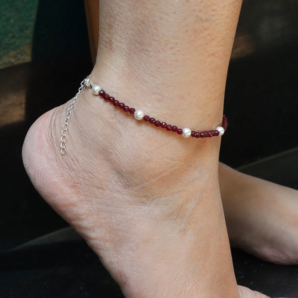 Red Beaded and Pearl Anklet on ankle