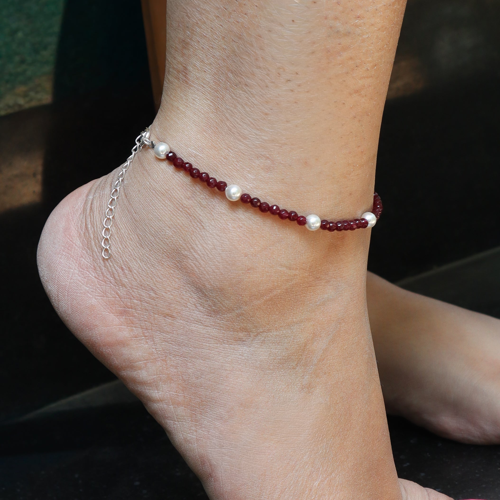 Red Beaded and Pearl Anklet on ankle