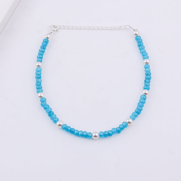 Blue beaded anklet with silver chain detail