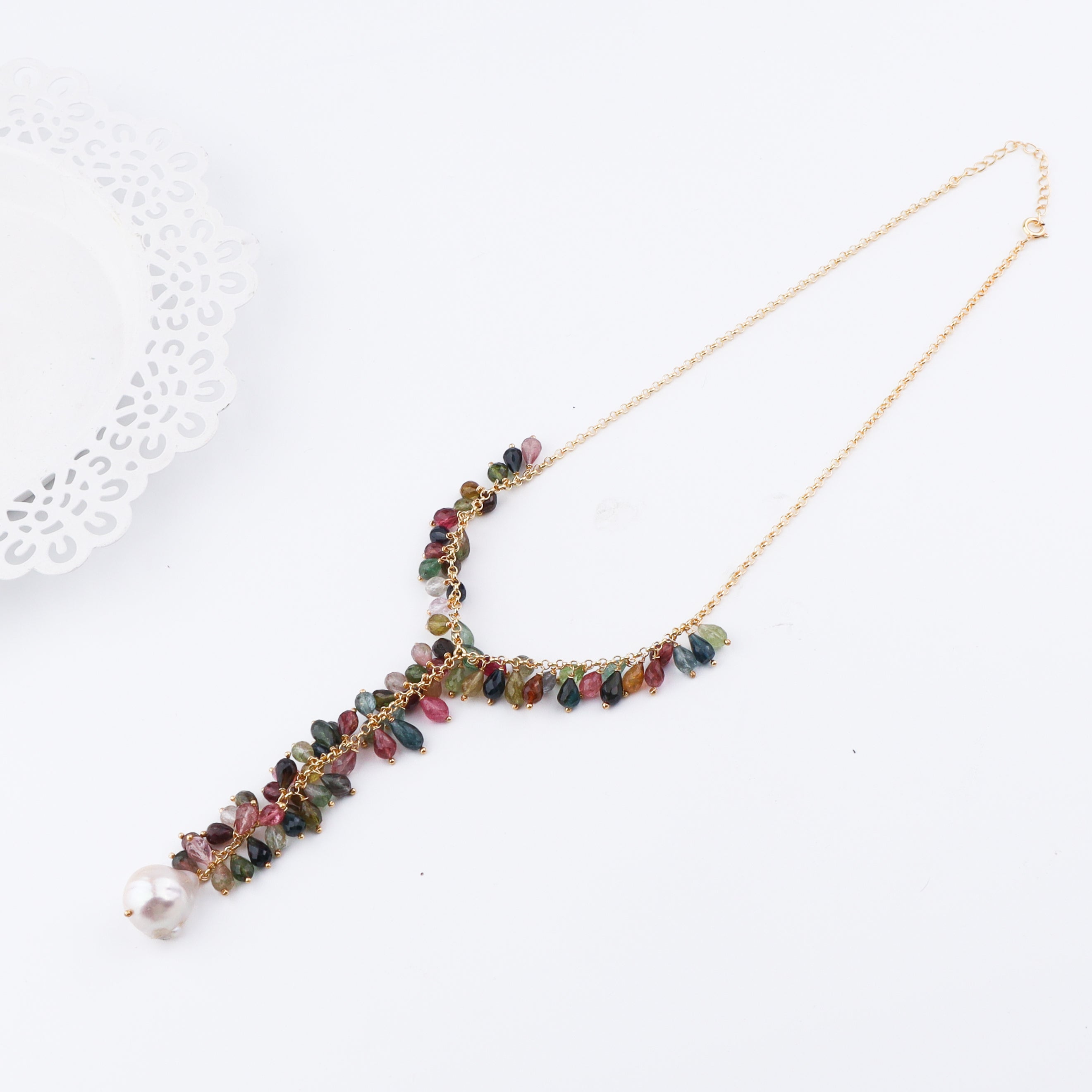 Luxe Necklace Tourmaline,Boroque Pearl and Swarovski Pearls
