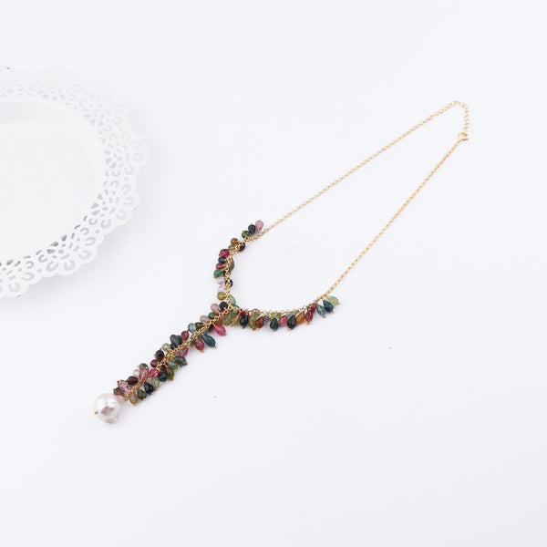 Colorful gemstone necklace with pearl pendant