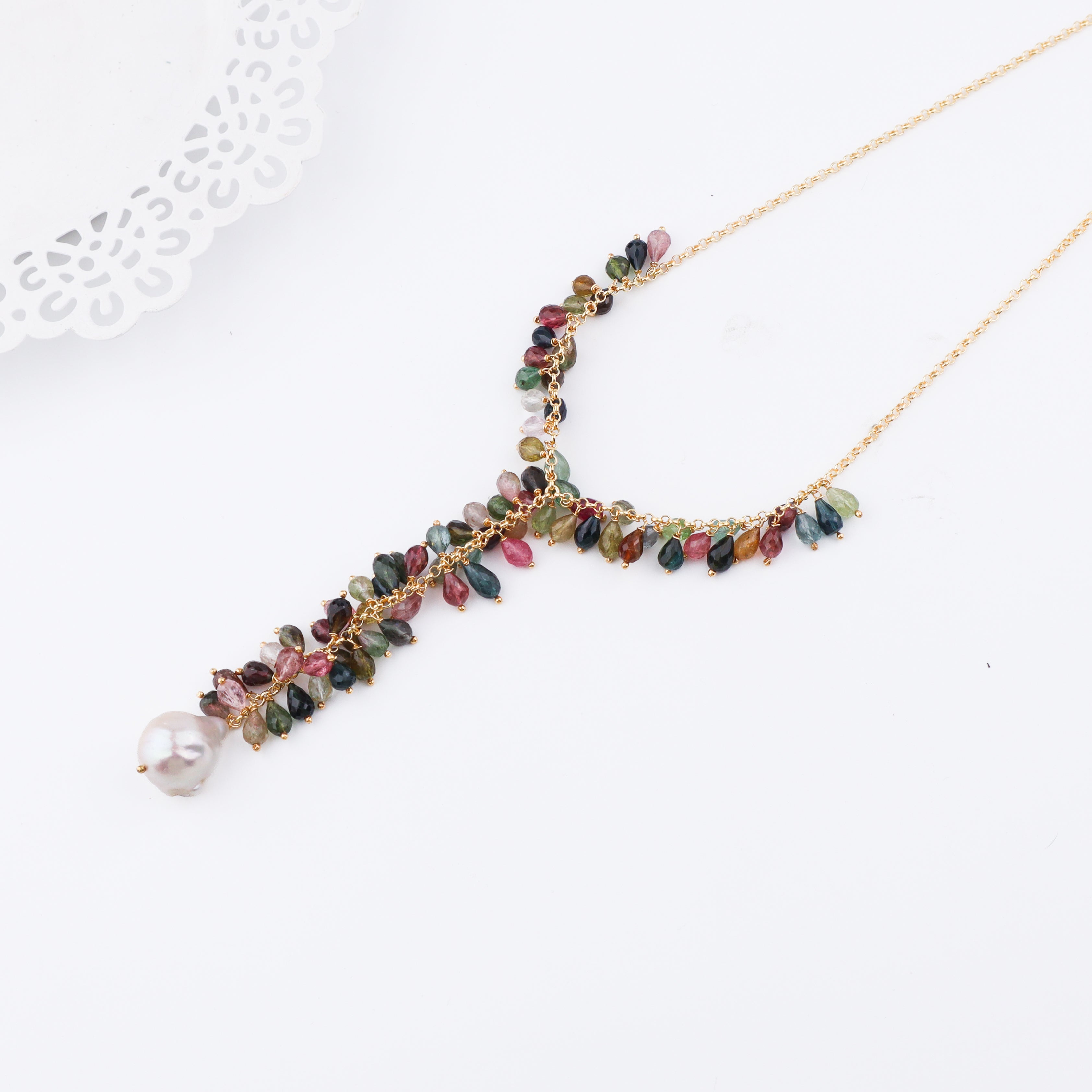 Luxe Necklace Tourmaline,Boroque Pearl and Swarovski Pearls