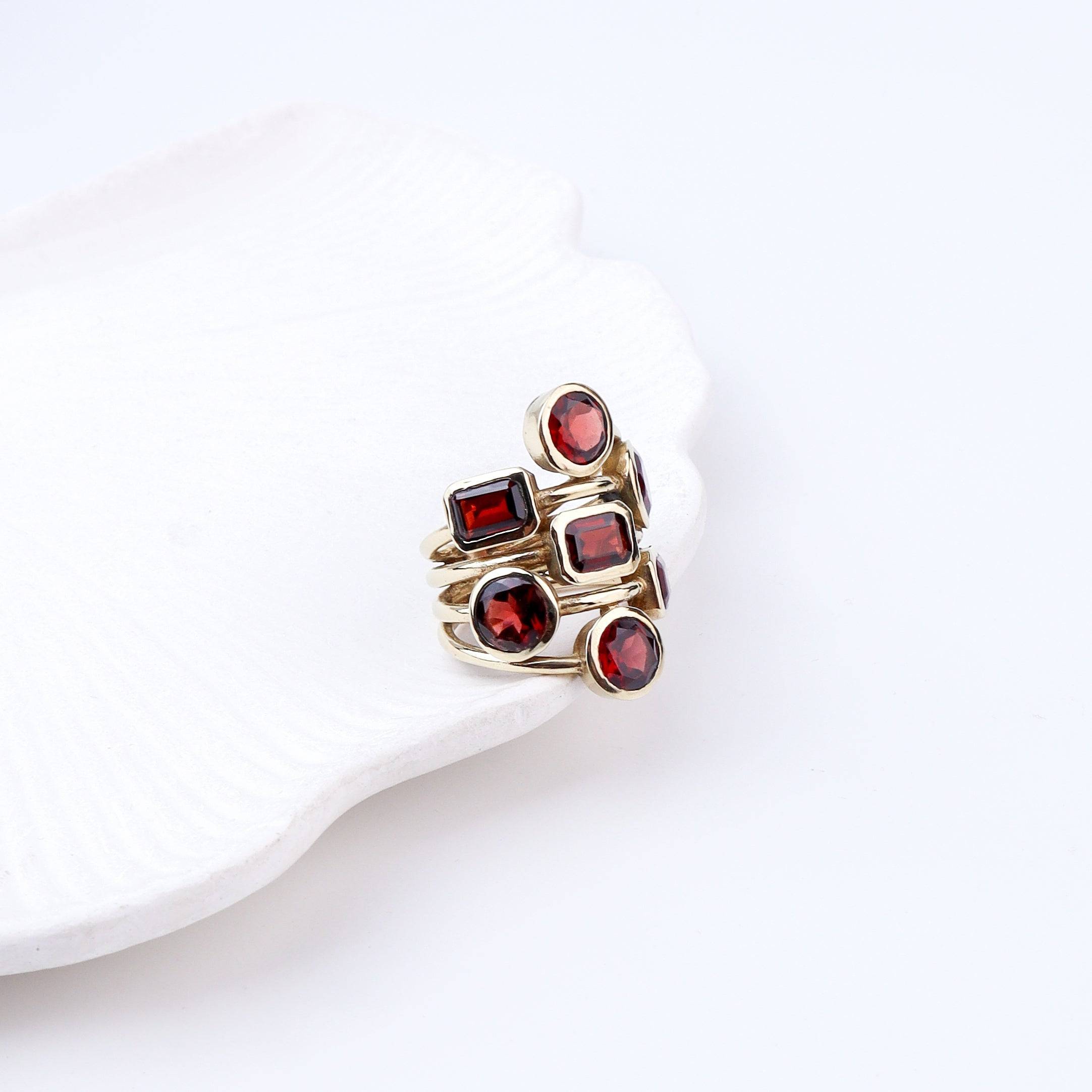 Close-up of a brass fashion ring showcasing intricate detailing, unique design, and fine craftsmanship