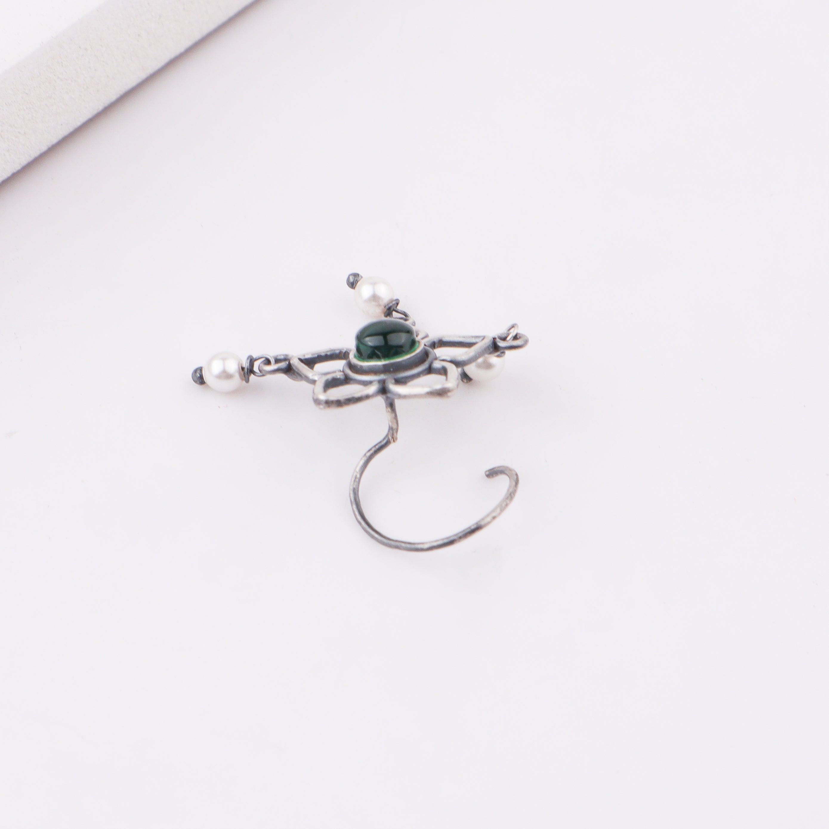 Oxidised Green Flower Pierced Nose Pin (Large)