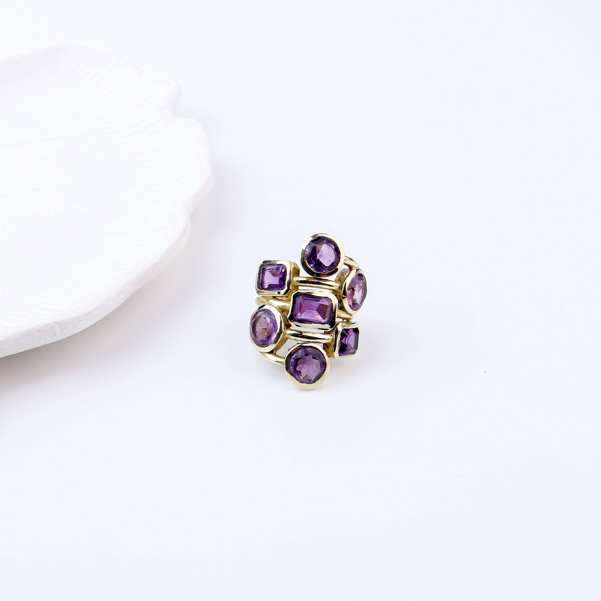 Detailed view of Brass Fashion Ring highlighting intricate motifs, textured surface, and refined brass finish
