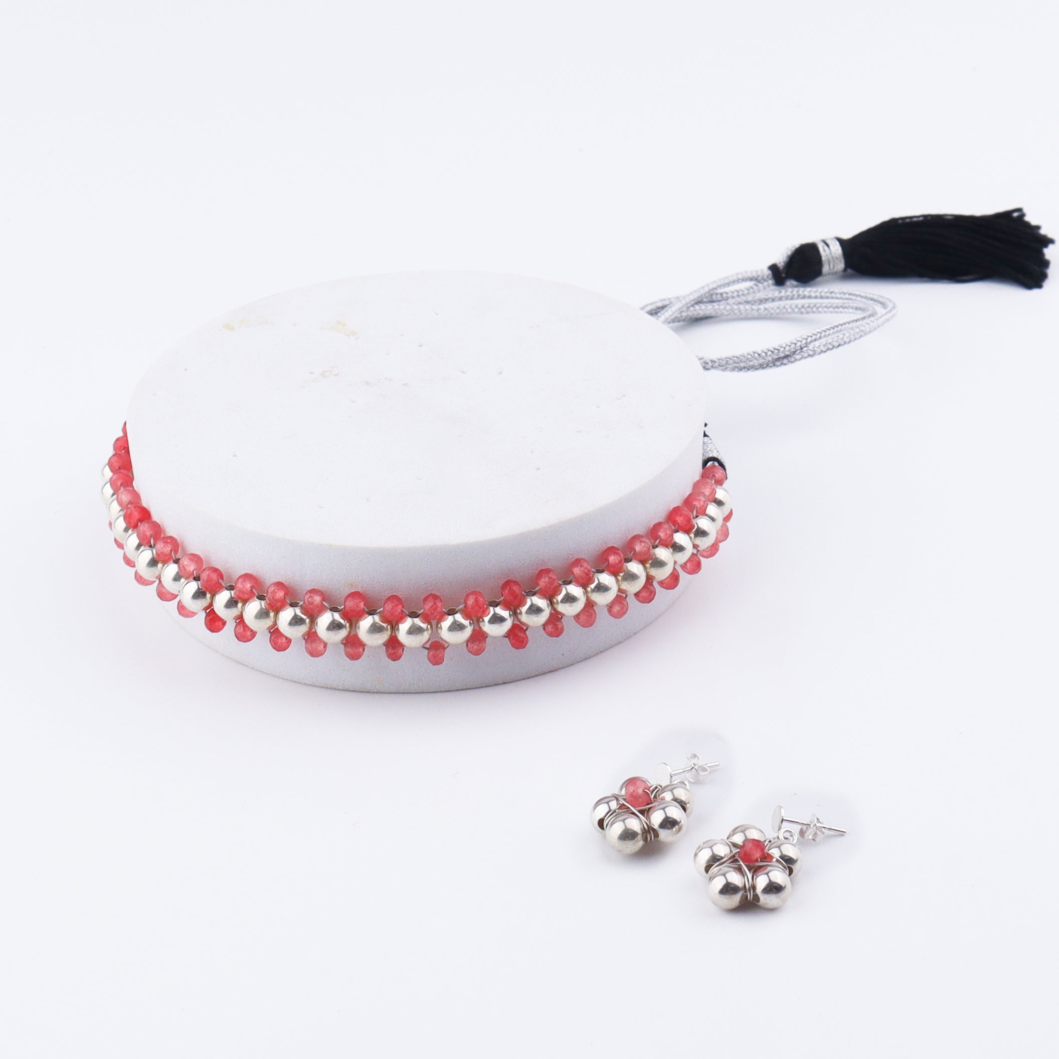 Silver Bead Thushi Set with Cherry Quartz