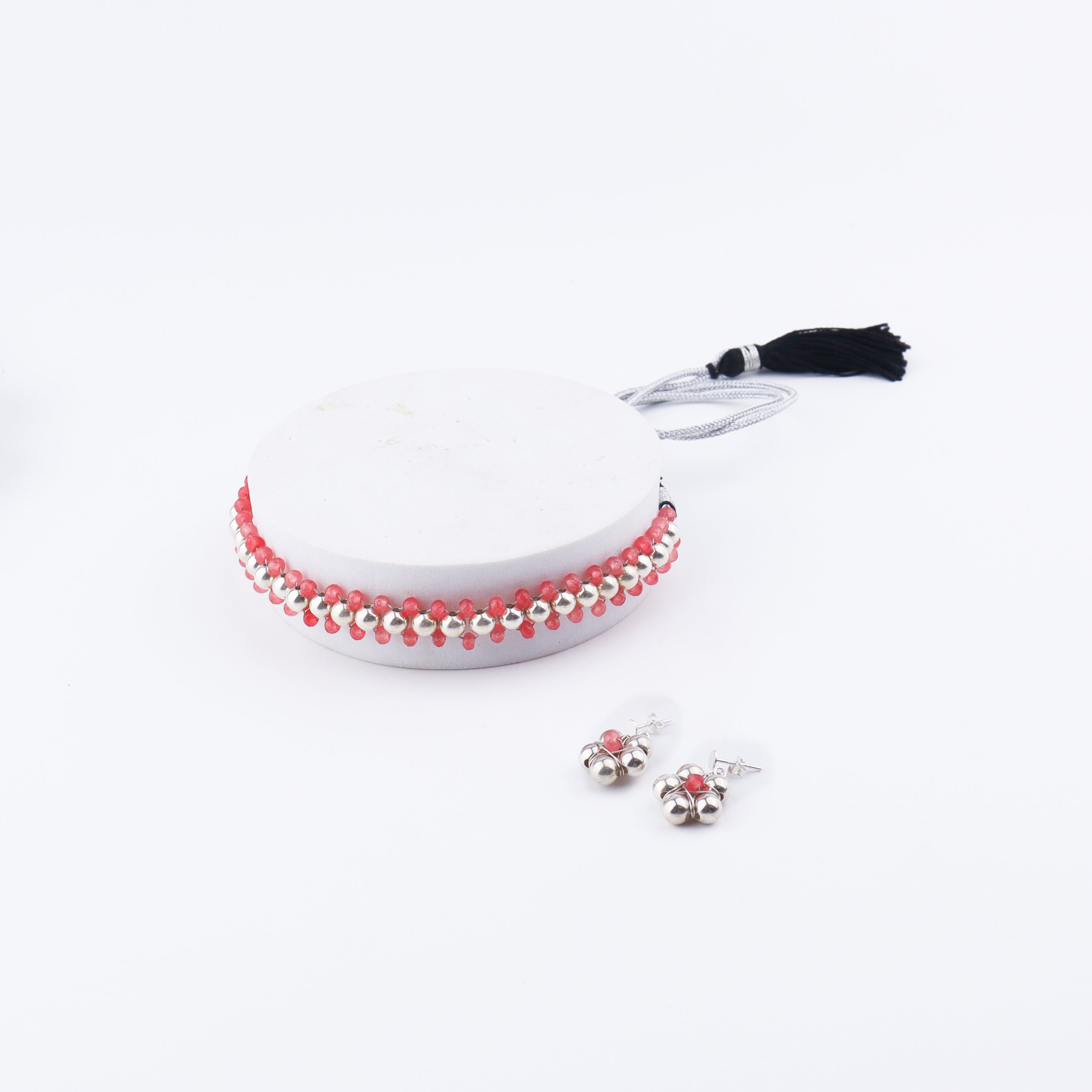 Silver Bead Thushi Set with Cherry Quartz