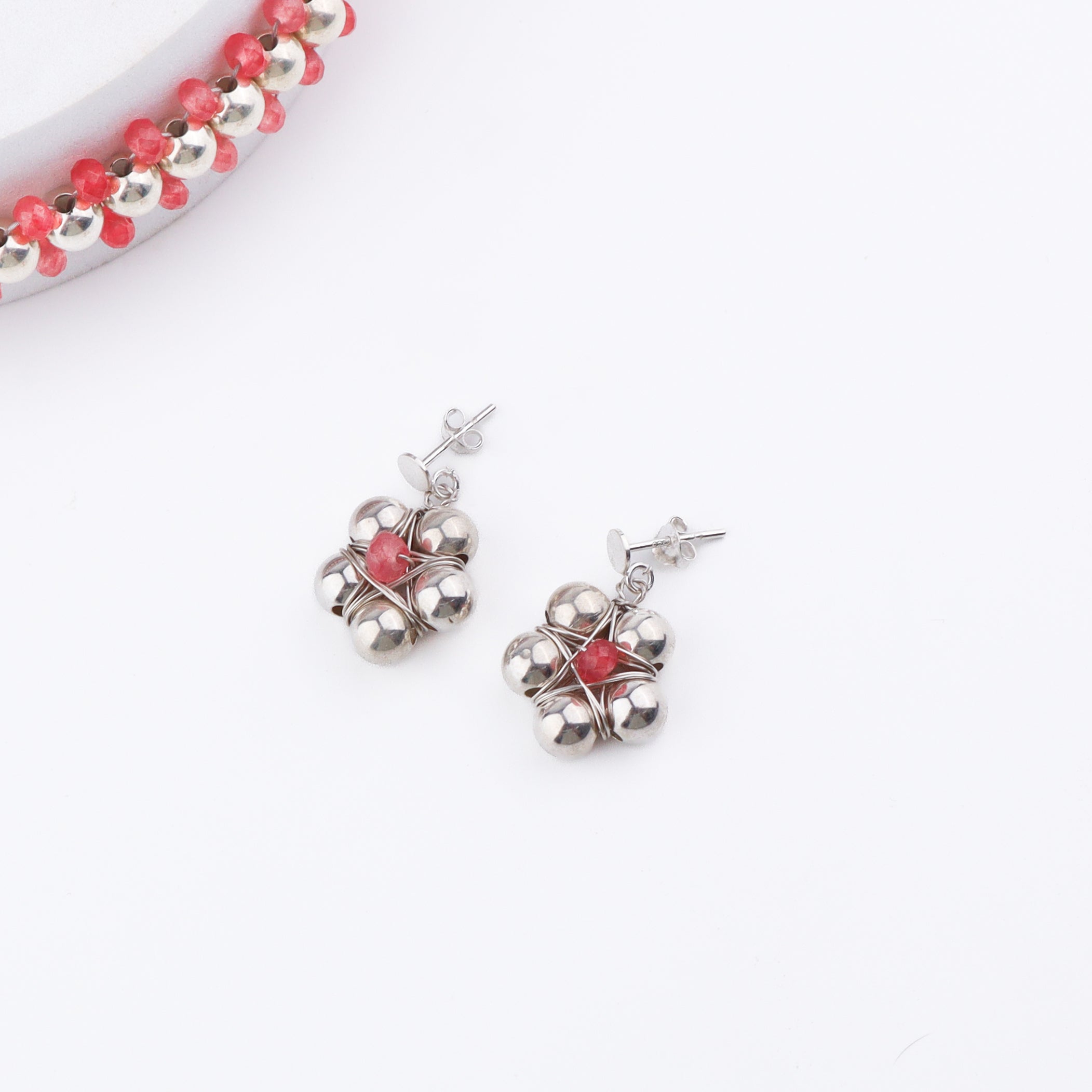 Silver Bead Thushi Set with Cherry Quartz