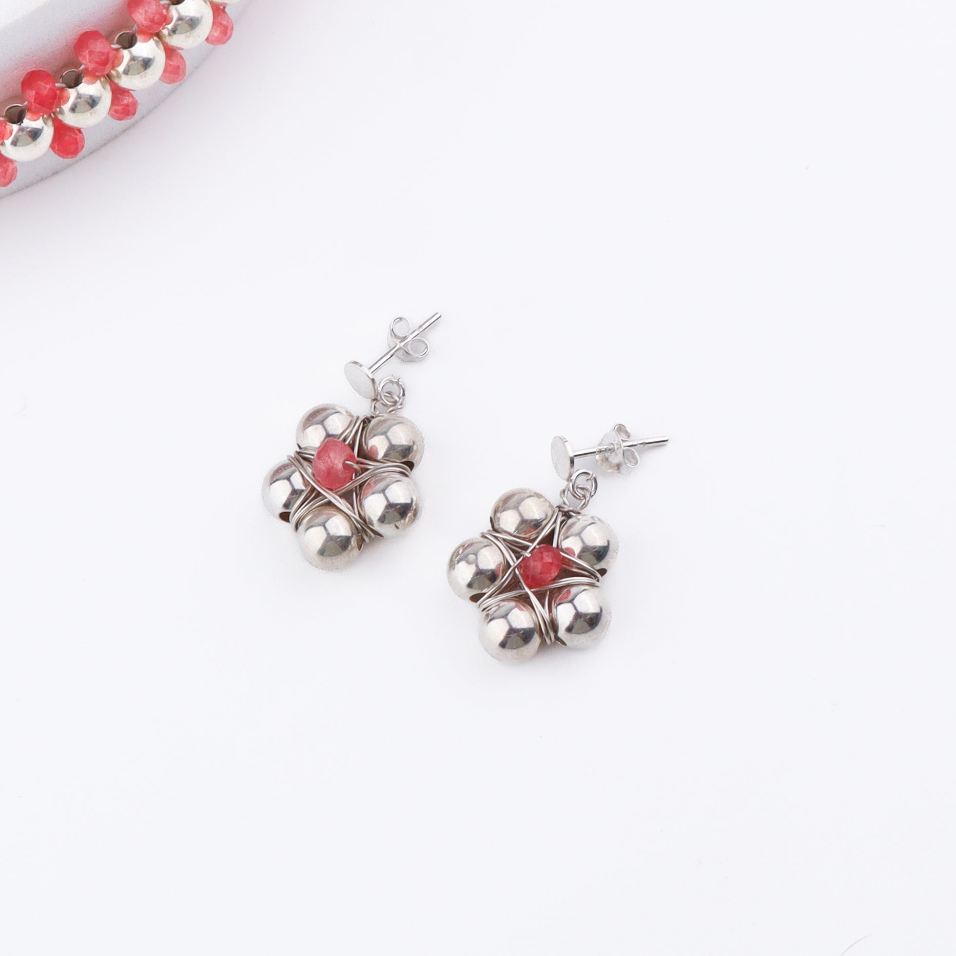 Silver Bead Thushi Set with Cherry Quartz