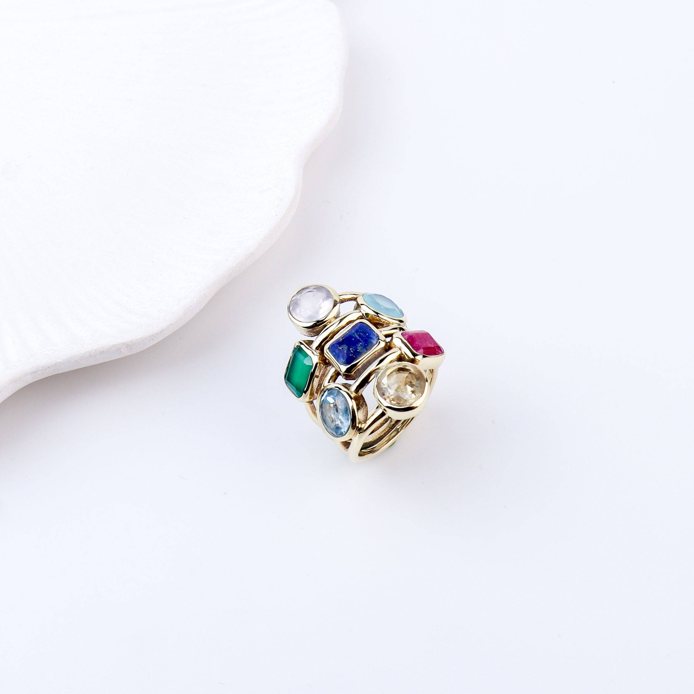 Detailed view of Brass Fashion Ring highlighting intricate motifs, textured surface, and refined brass finish