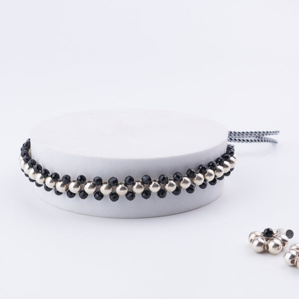 Flat lay of Silver Bead Thushi Set with Black Spinel