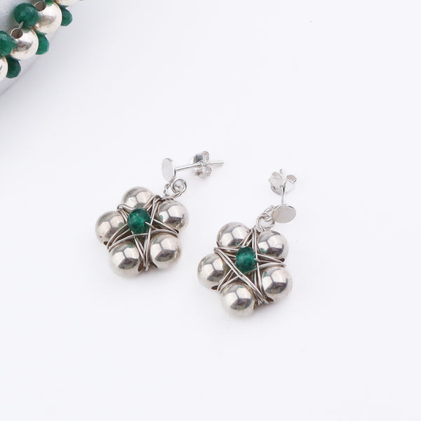 Silver Bead Thushi Set with Green Onyx
