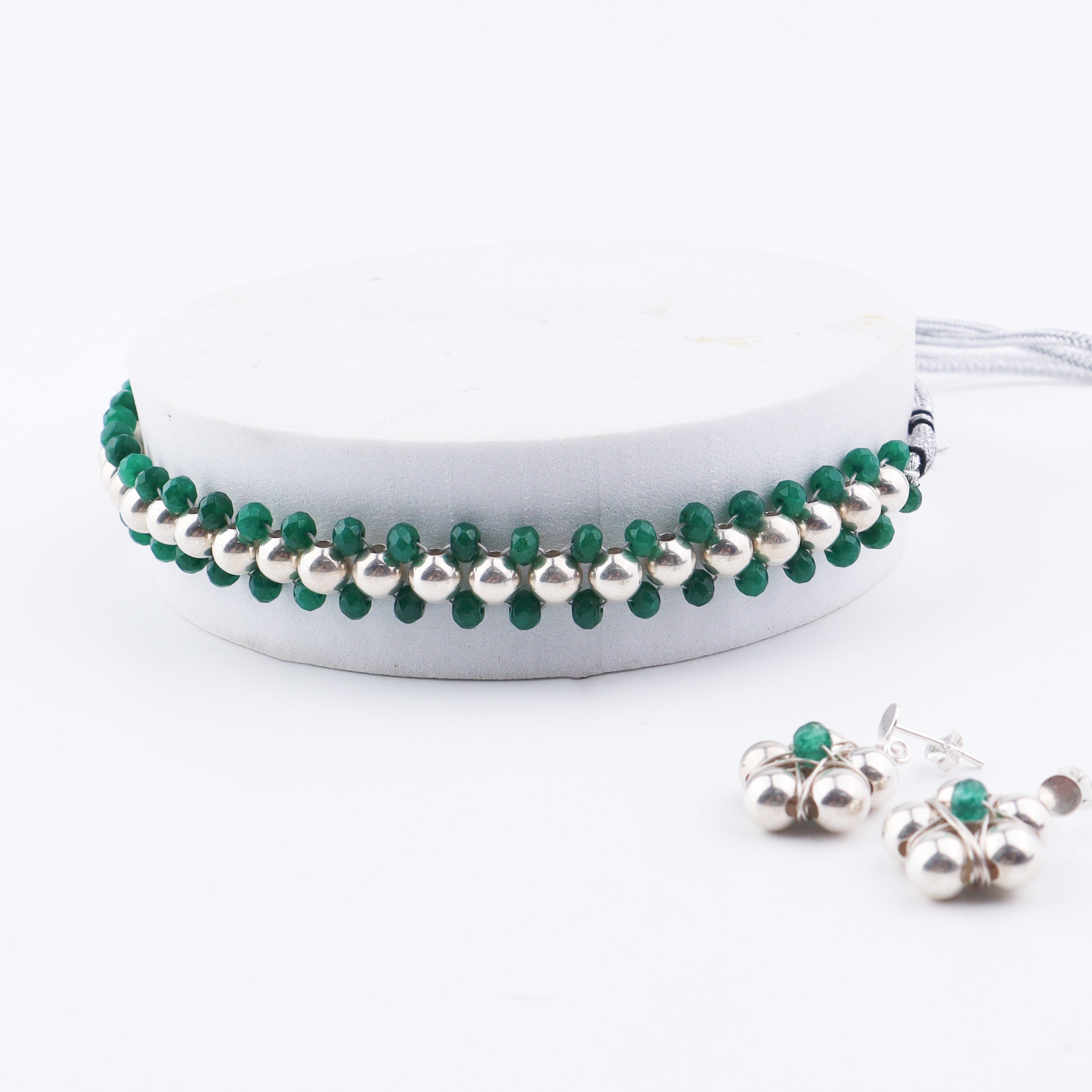 Silver Bead Thushi set with Green Onyx