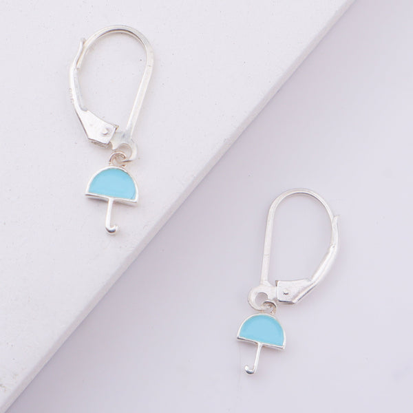 Silver enamel umbrella earrings on white background