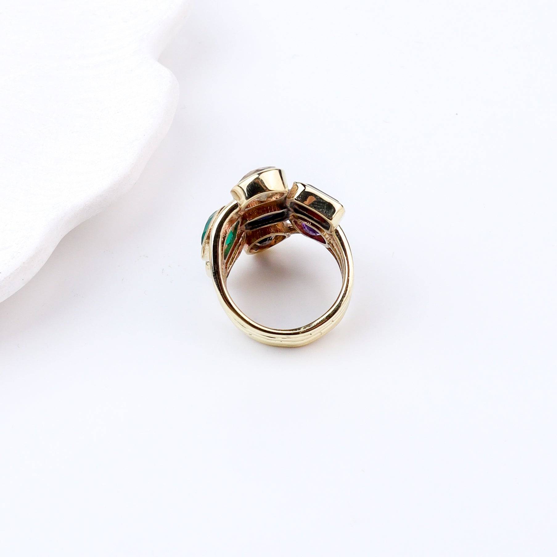 Angled view of Brass Fashion Ring highlighting its distinctive shape and polished brass finish