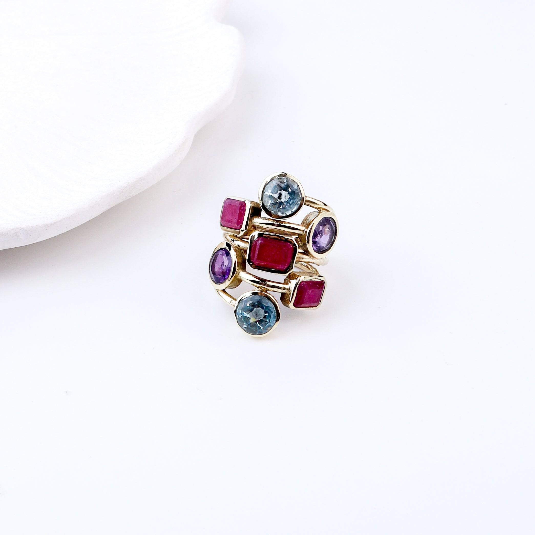 Detailed view of Brass Fashion Ring highlighting intricate motifs, textured surface, and refined brass finish